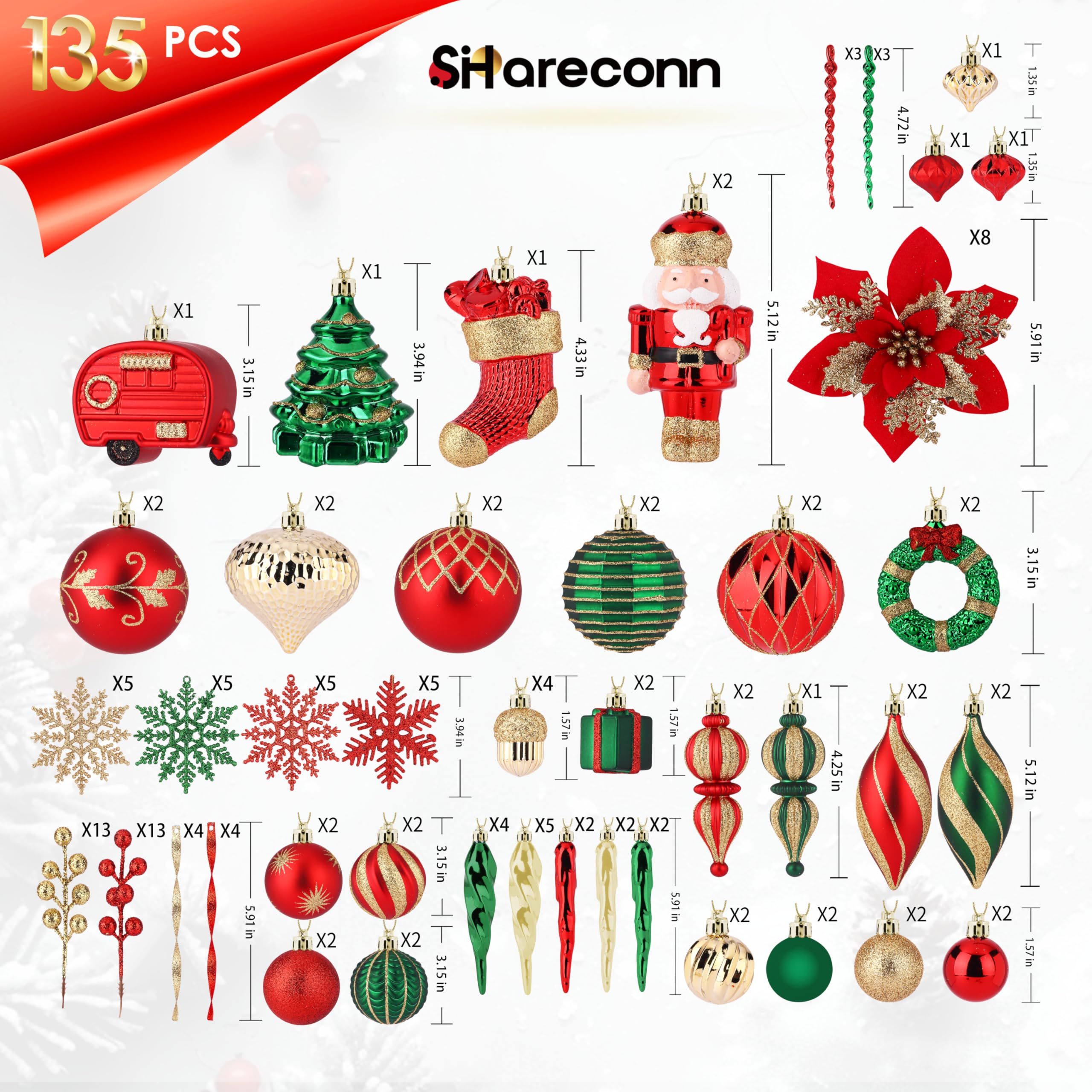 135Pcs Red, Green and Gold Walnut Soldier Christmas Ball Ornament Set - SHareconn