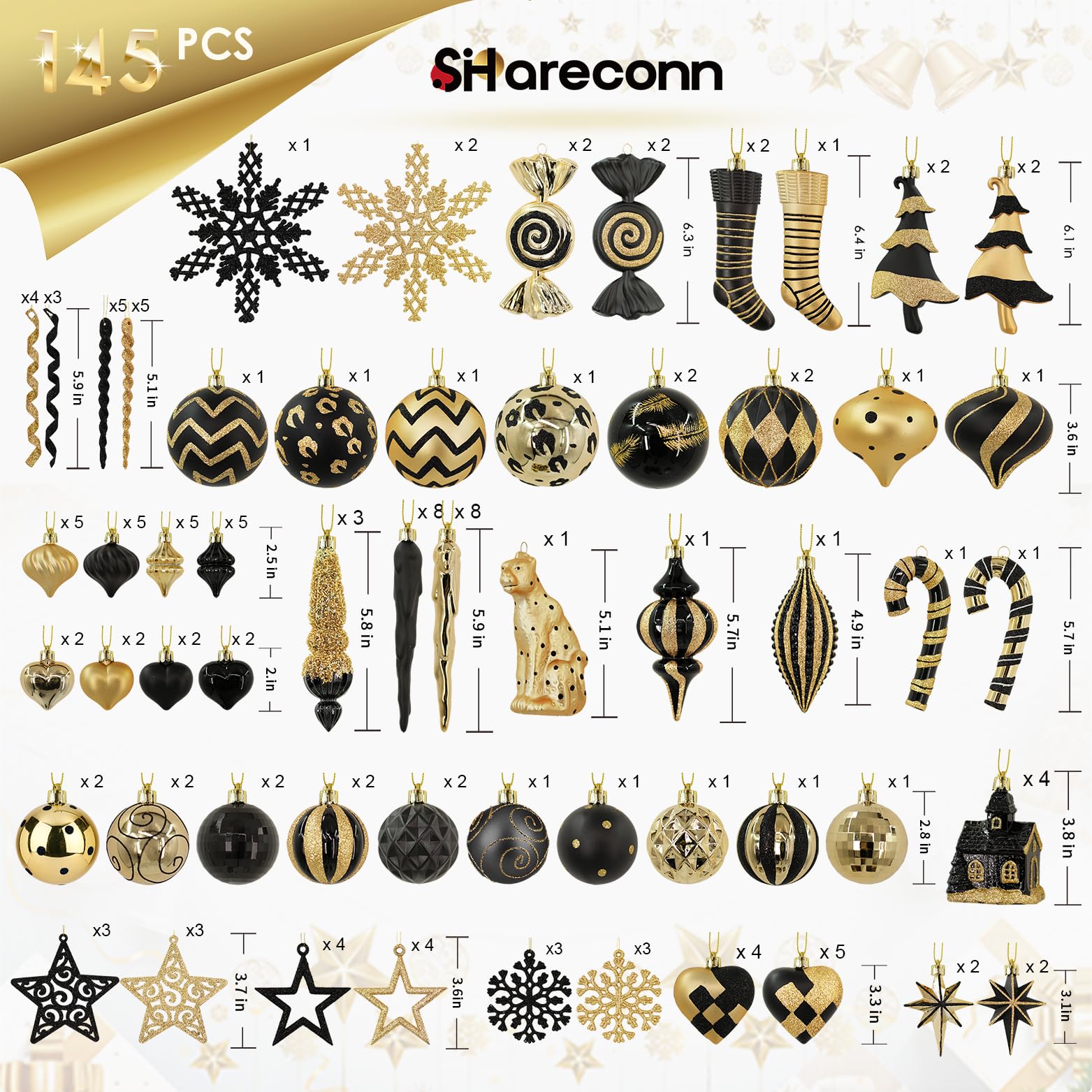 145pcs Gold and Black Christmas Balls Ornaments Set - SHareconn