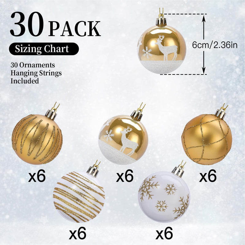 Set of 30 gold and white Christmas ball ornaments, 2.36 inches, by Shareconn, featuring shiny and matte finishes for festive tree decoration.