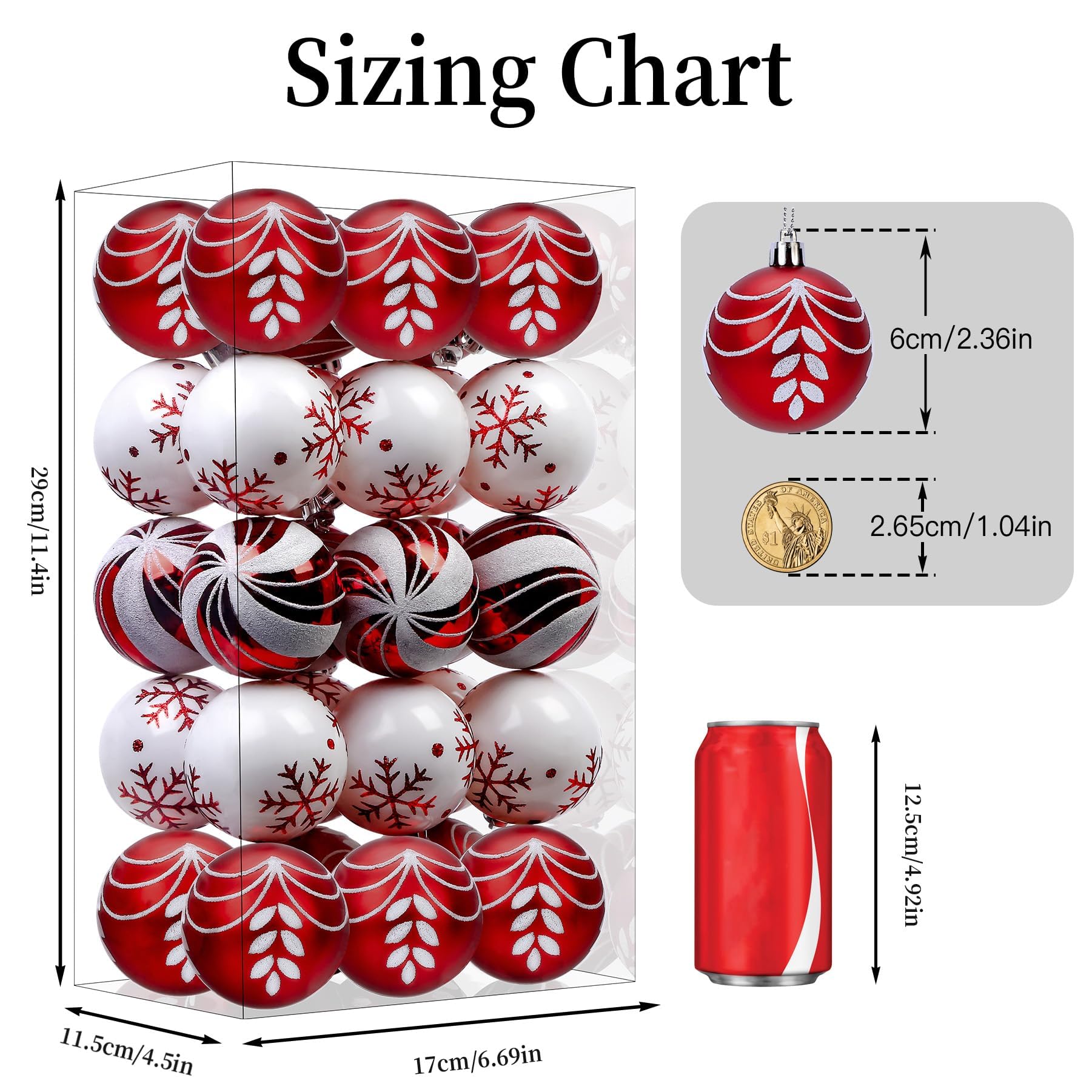 30ct 2.36 Inch (Red & white, 60mm) Christmas Tree Balls Ornaments - SHareconn