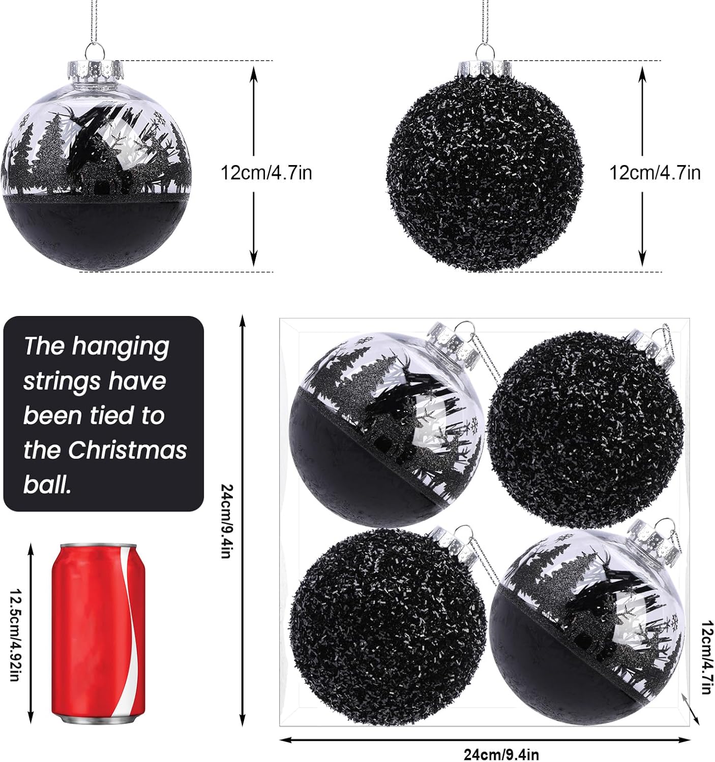 SHareconn 120mm/4.72" Large Christmas Balls Ornaments for Christmas Tree, 4 Pcs Shatterproof Plastic Baubles Black Christmas Decorations for Xmas Tree Decor Holiday Party with Hanging Strings, Black - SHareconn