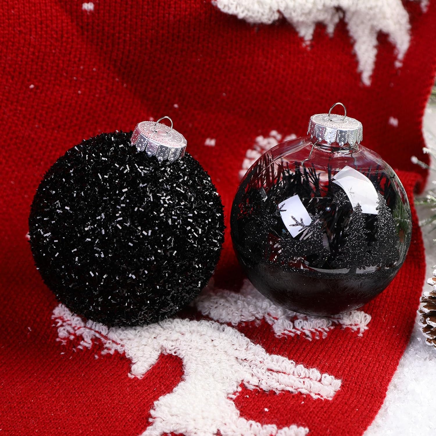 SHareconn 120mm/4.72" Large Christmas Balls Ornaments for Christmas Tree, 4 Pcs Shatterproof Plastic Baubles Black Christmas Decorations for Xmas Tree Decor Holiday Party with Hanging Strings, Black - SHareconn