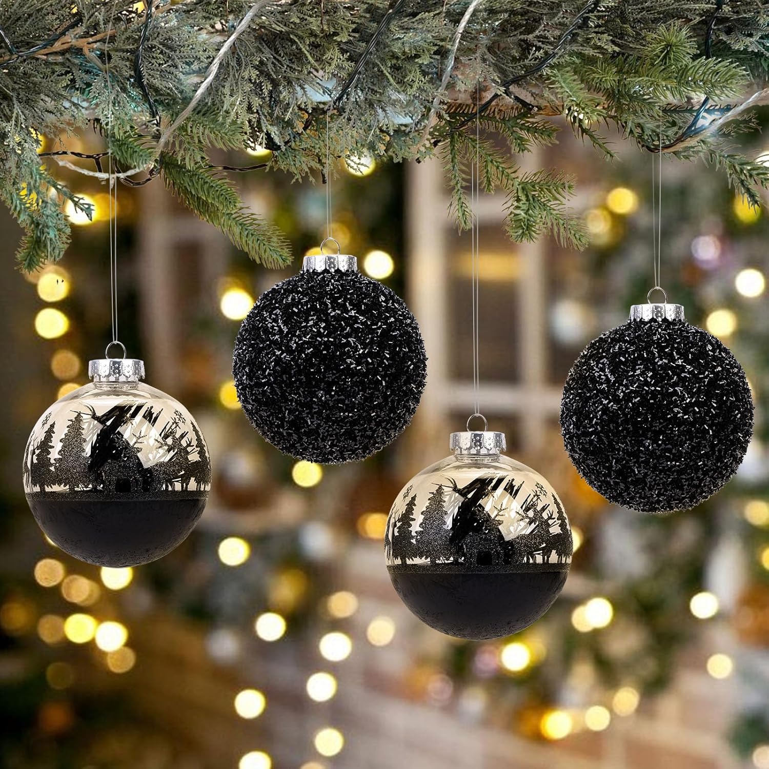 SHareconn 120mm/4.72" Large Christmas Balls Ornaments for Christmas Tree, 4 Pcs Shatterproof Plastic Baubles Black Christmas Decorations for Xmas Tree Decor Holiday Party with Hanging Strings, Black - SHareconn