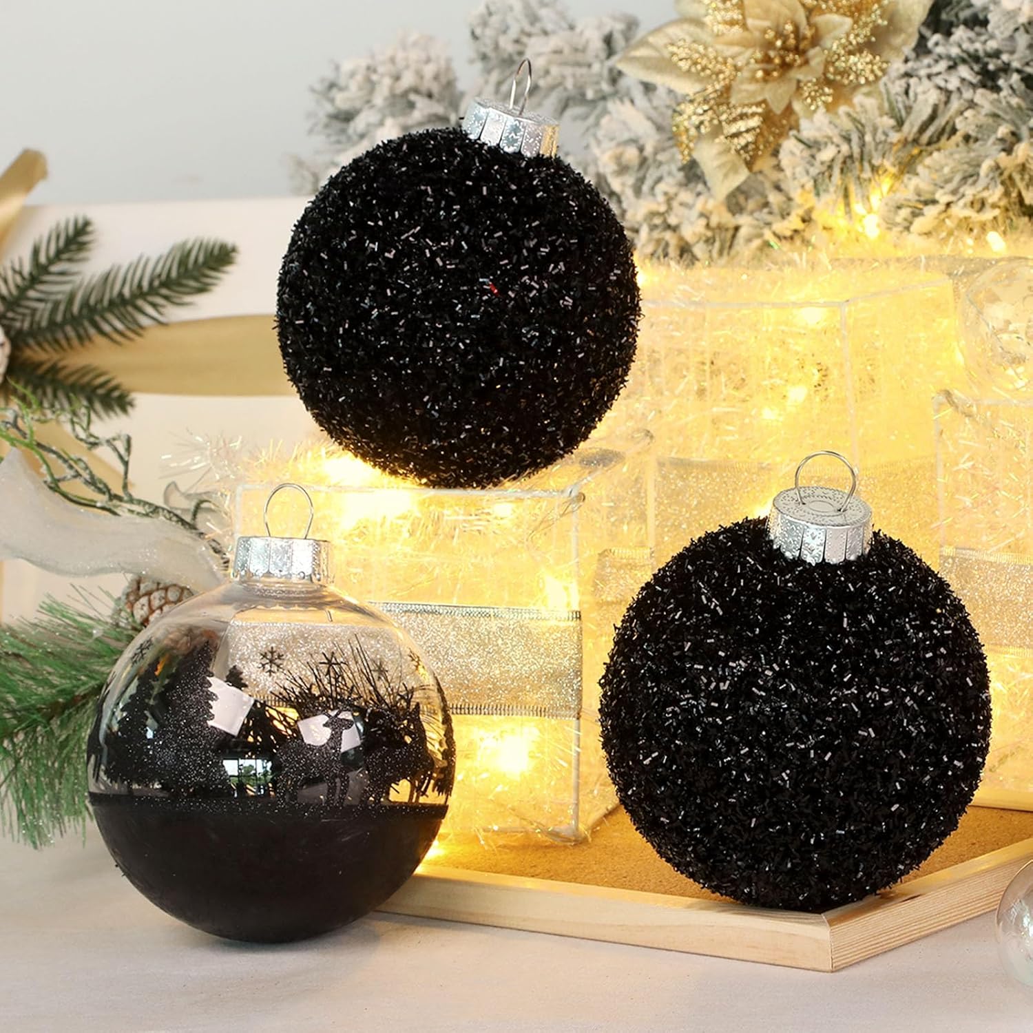 SHareconn 120mm/4.72" Large Christmas Balls Ornaments for Christmas Tree, 4 Pcs Shatterproof Plastic Baubles Black Christmas Decorations for Xmas Tree Decor Holiday Party with Hanging Strings, Black - SHareconn