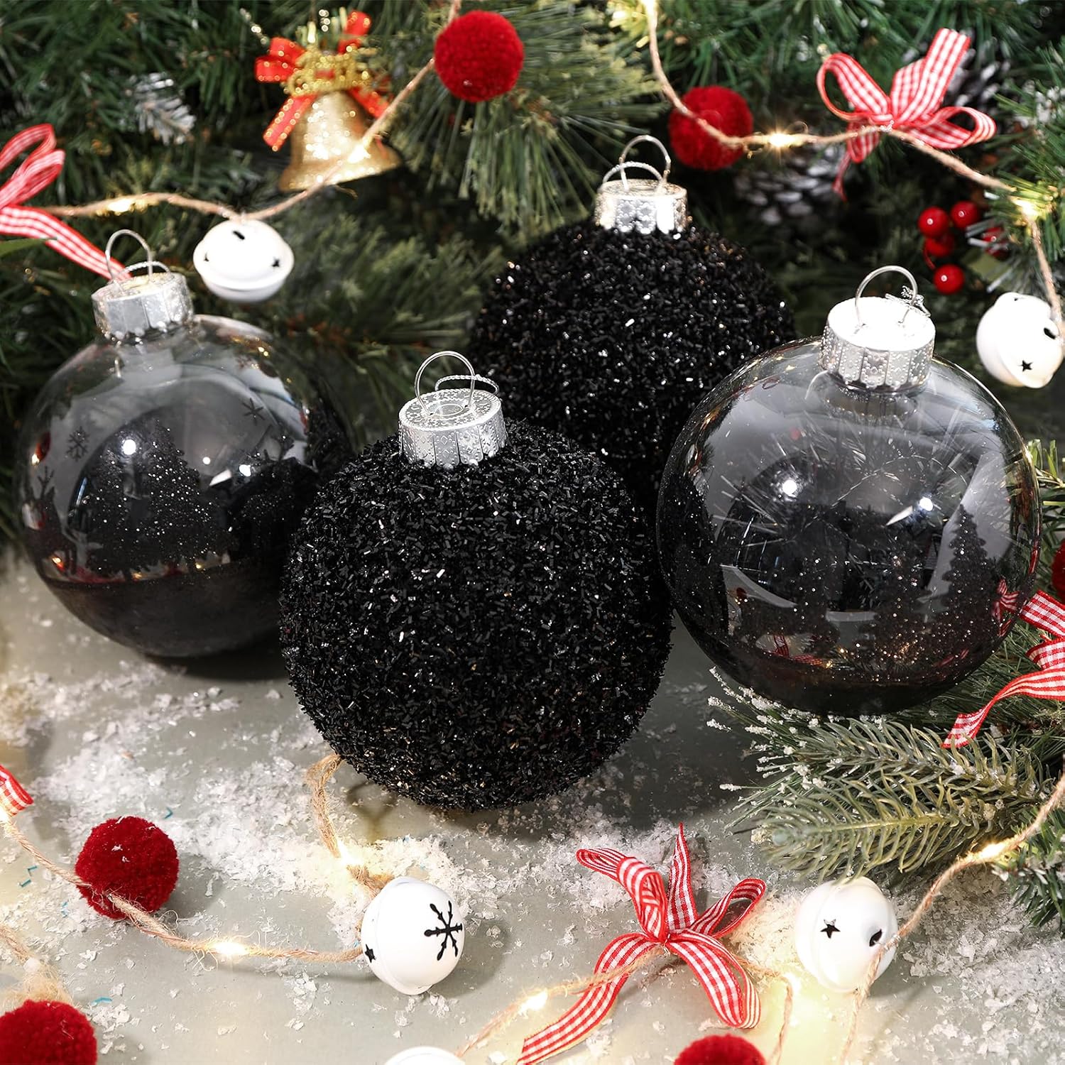 SHareconn 120mm/4.72" Large Christmas Balls Ornaments for Christmas Tree, 4 Pcs Shatterproof Plastic Baubles Black Christmas Decorations for Xmas Tree Decor Holiday Party with Hanging Strings, Black - SHareconn