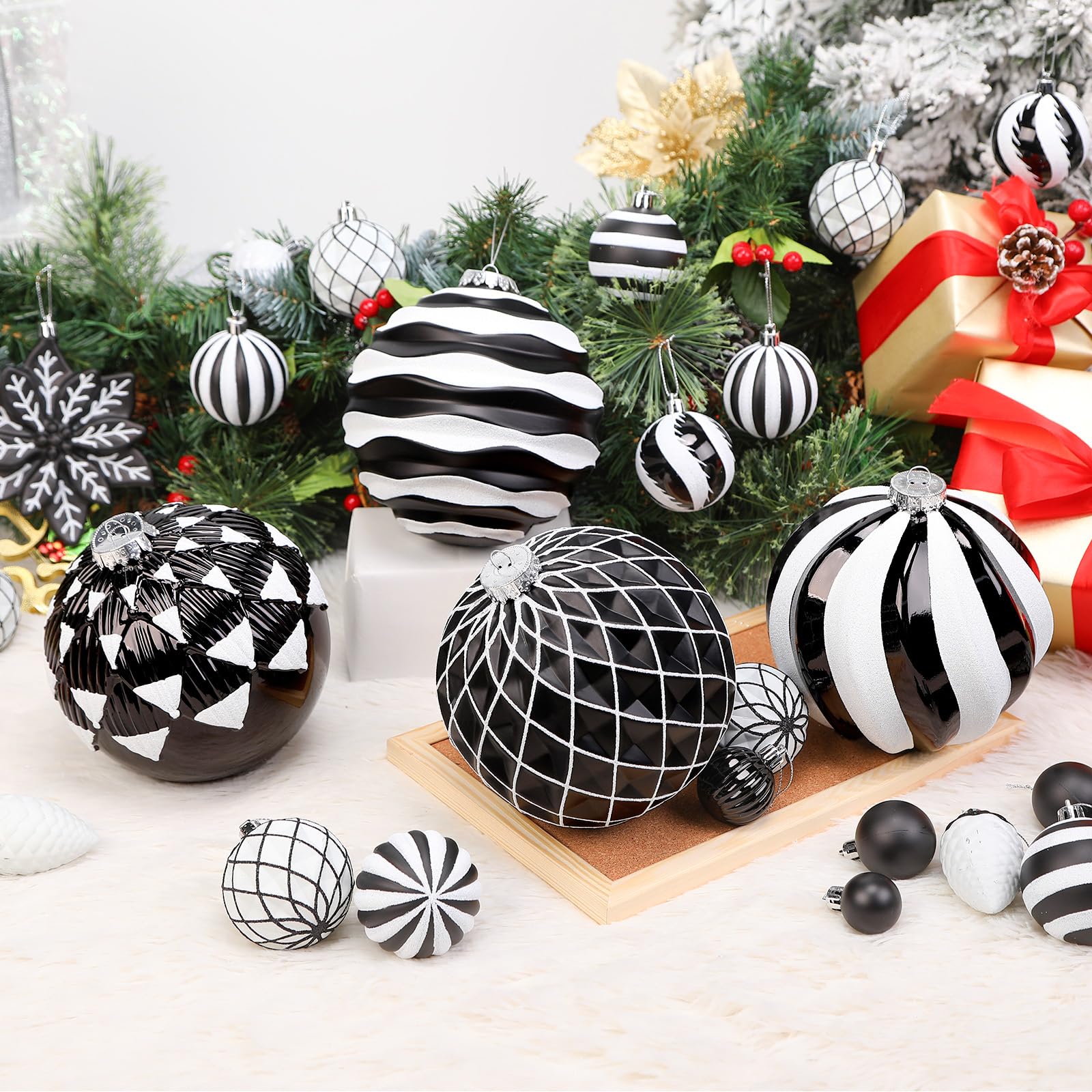 4Pcs 6''/150mm Black & White Large Christmas Ball Ornaments with Hooks - SHareconn