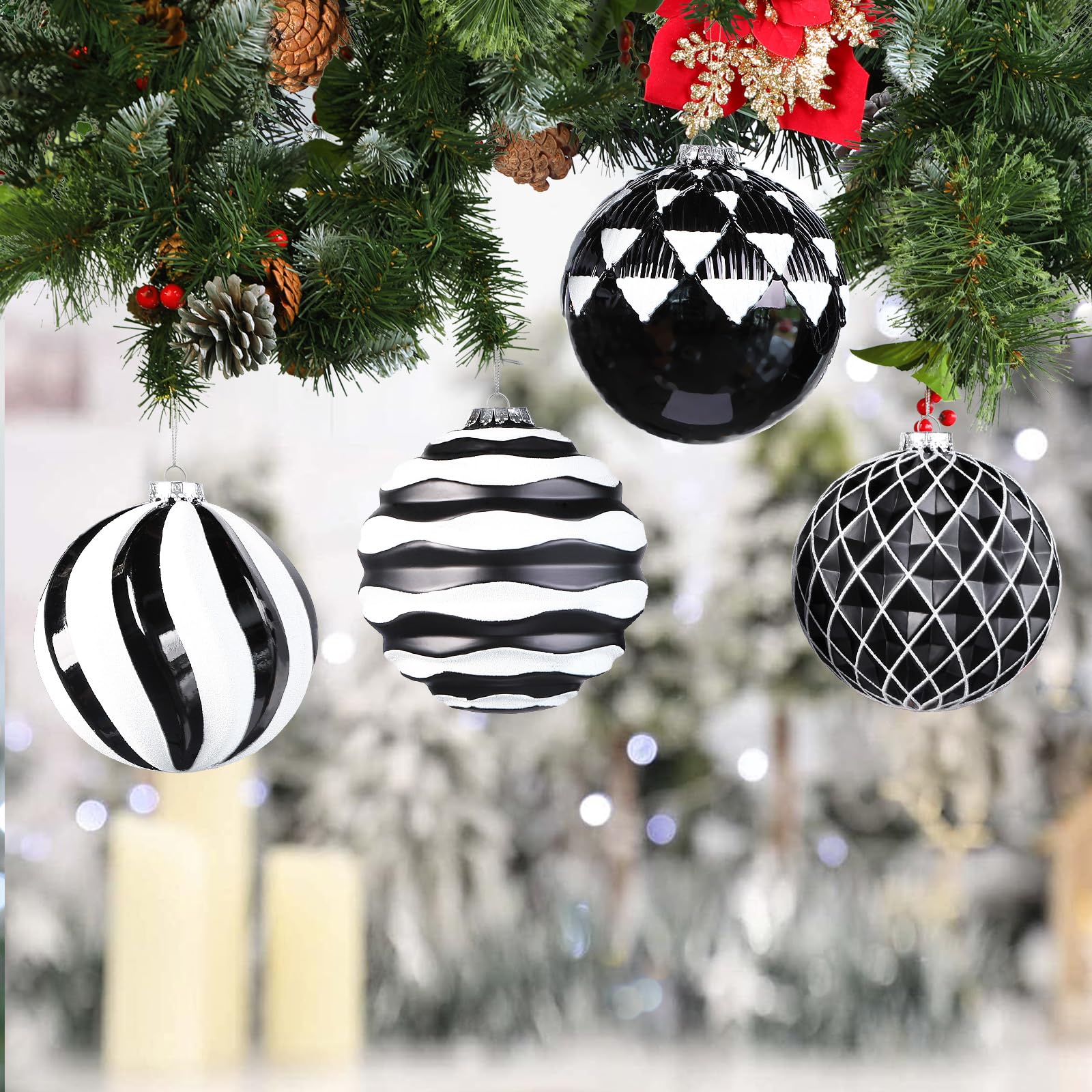 4Pcs 6''/150mm Black & White Large Christmas Ball Ornaments with Hooks - SHareconn