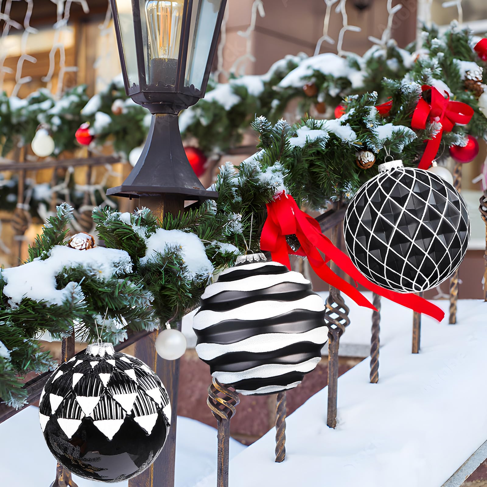 4Pcs 6''/150mm Black & White Large Christmas Ball Ornaments with Hooks - SHareconn