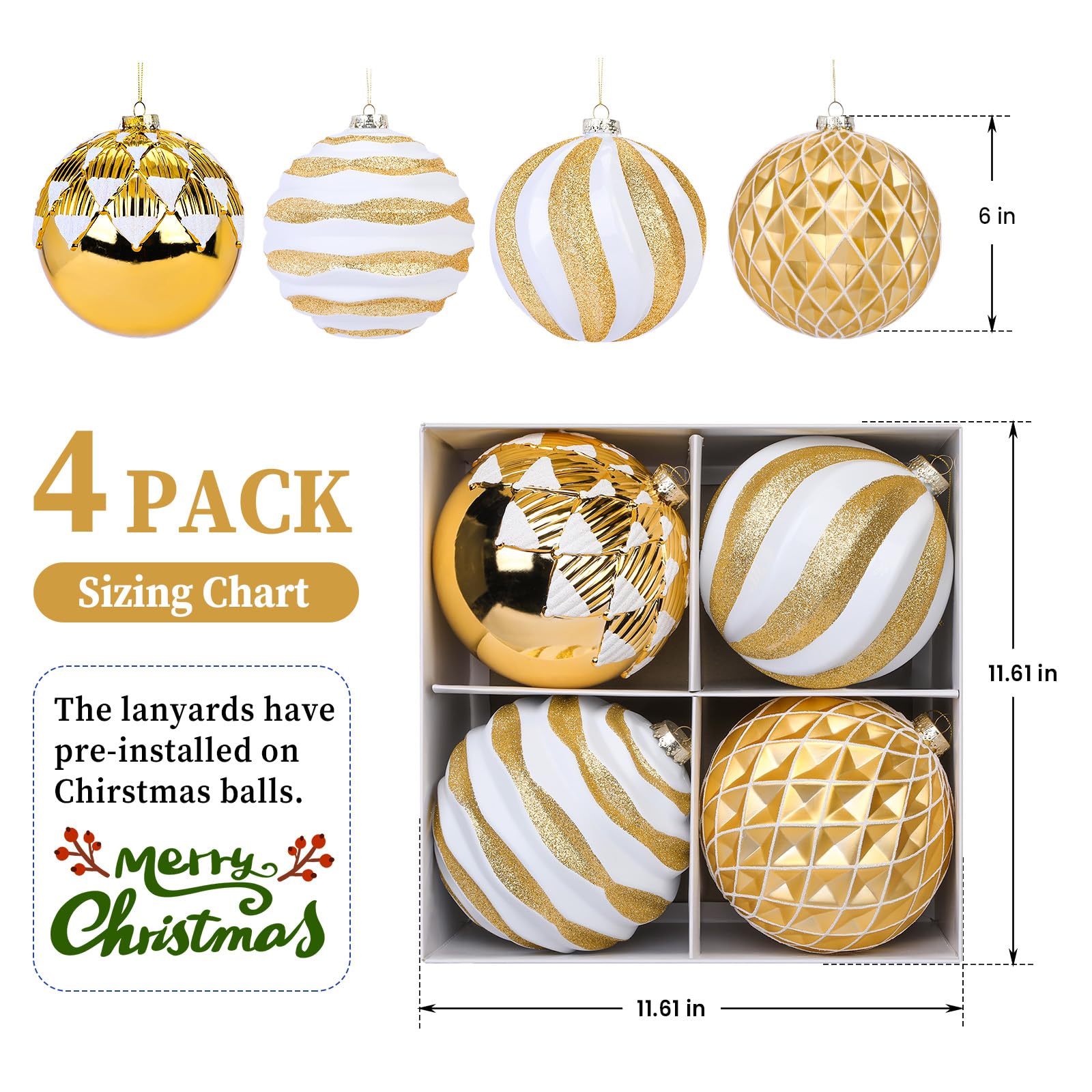 4Pcs 6''/150mm Gold & White Large Christmas Ball Ornaments with Hooks - SHareconn