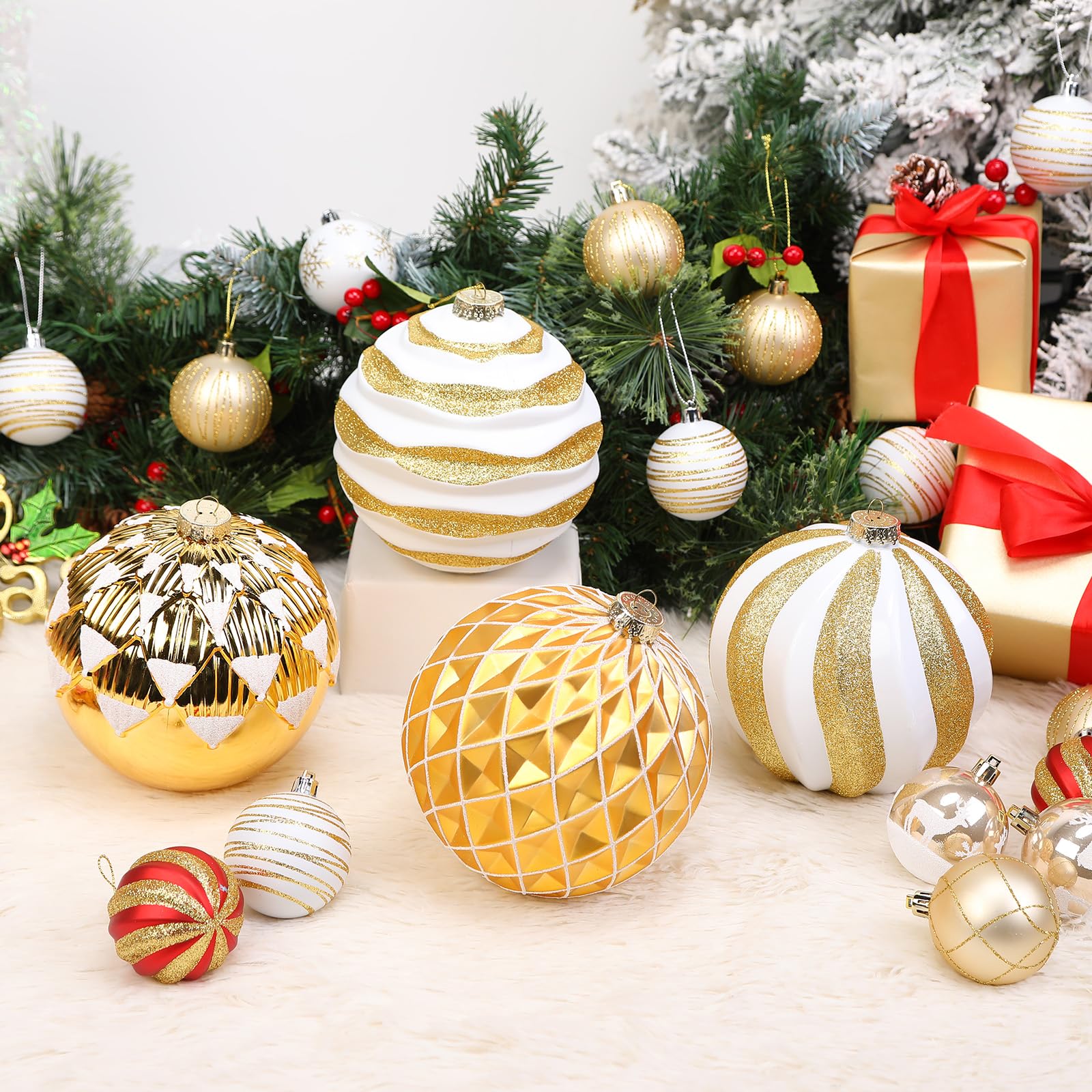 4Pcs 6''/150mm Gold & White Large Christmas Ball Ornaments with Hooks - SHareconn