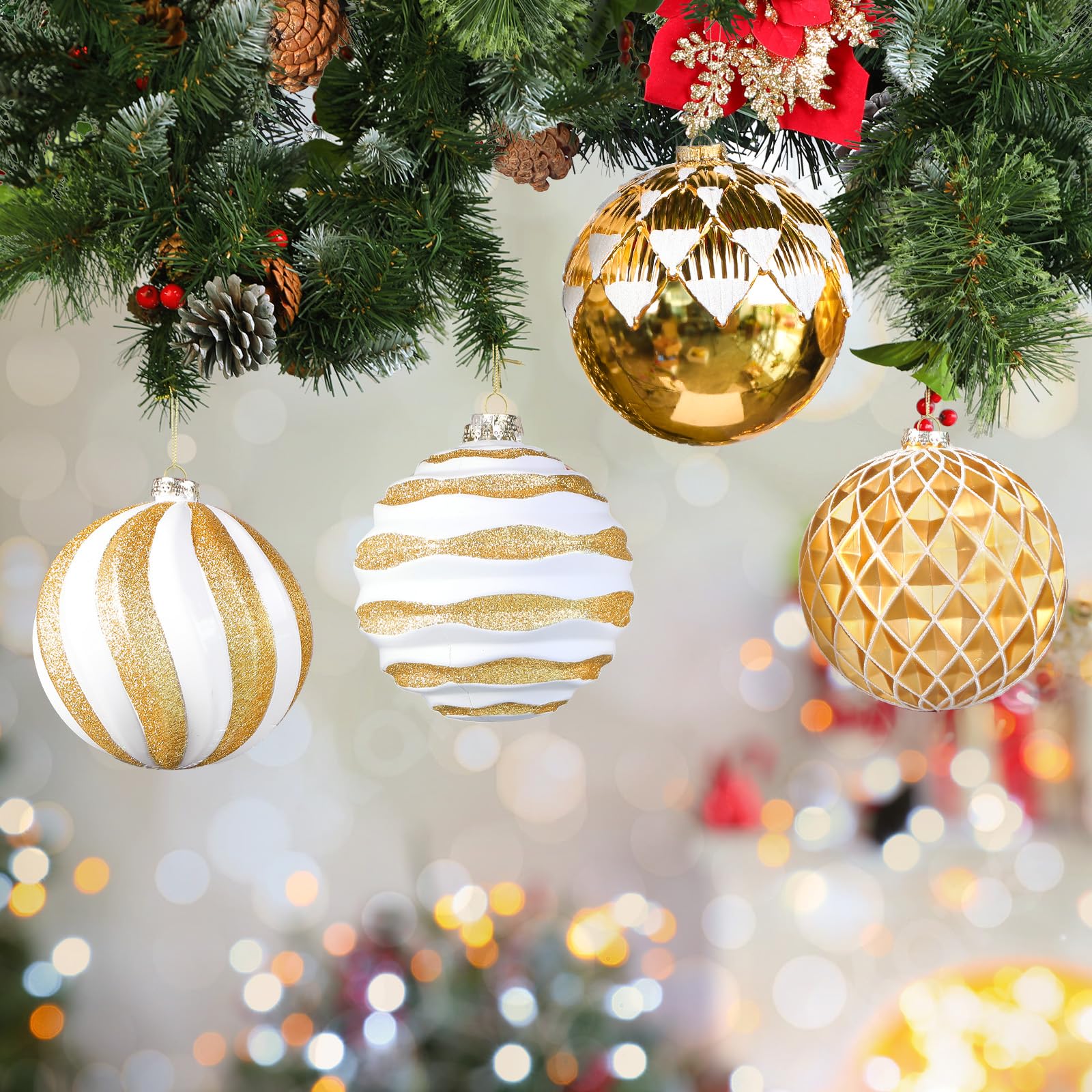 4Pcs 6''/150mm Gold & White Large Christmas Ball Ornaments with Hooks - SHareconn