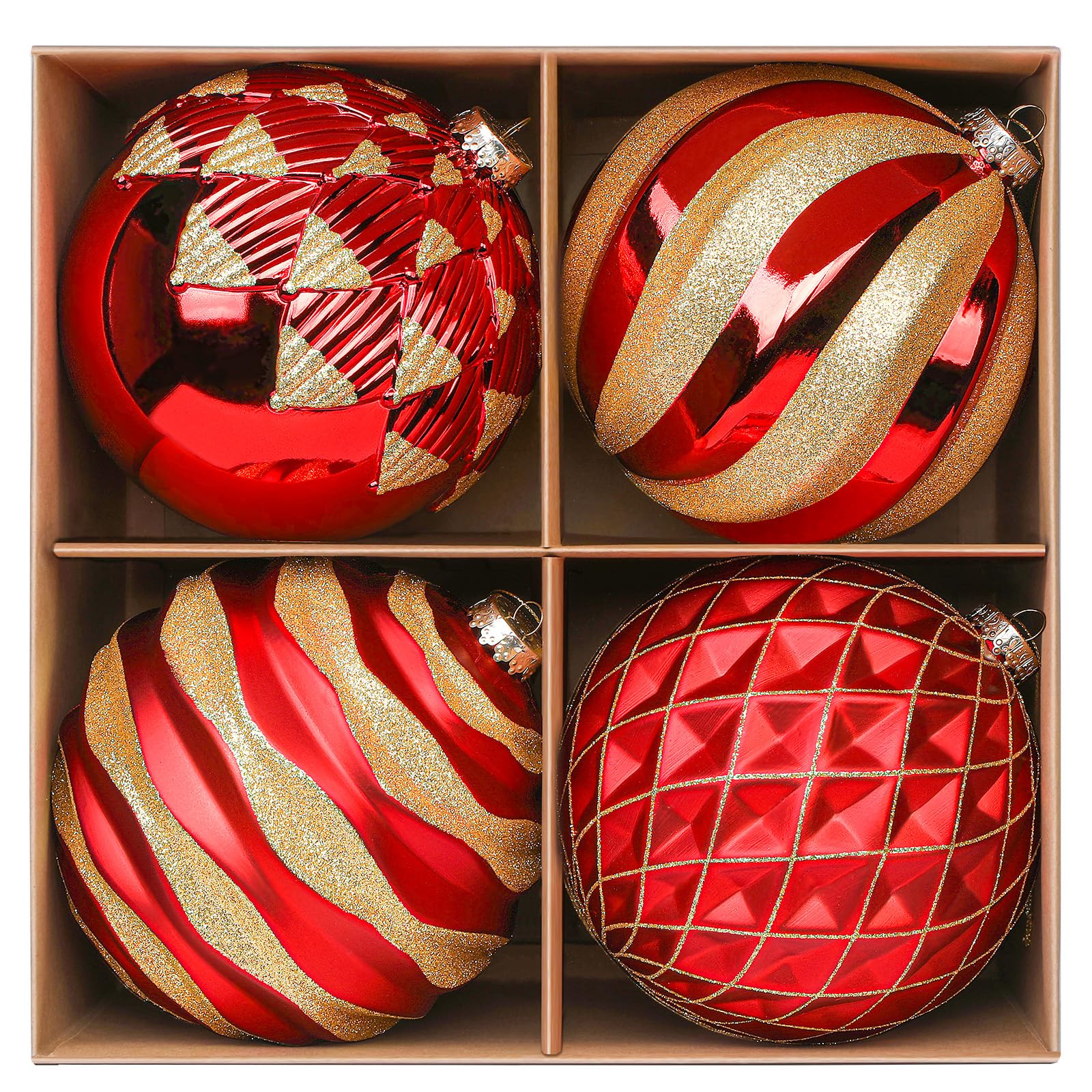 4Pcs 6''/150mm Red & Gold Large Christmas Ball Ornaments with Hooks - SHareconn