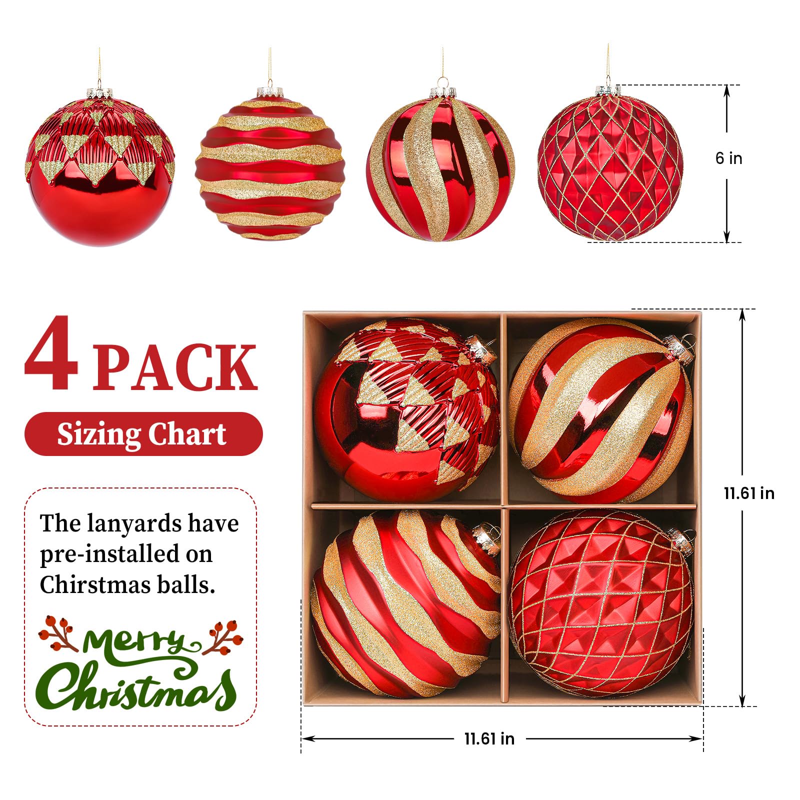 4Pcs 6''/150mm Red & Gold Large Christmas Ball Ornaments with Hooks - SHareconn