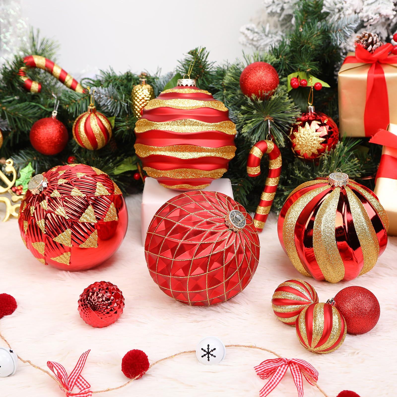 4Pcs 6''/150mm Red & Gold Large Christmas Ball Ornaments with Hooks - SHareconn