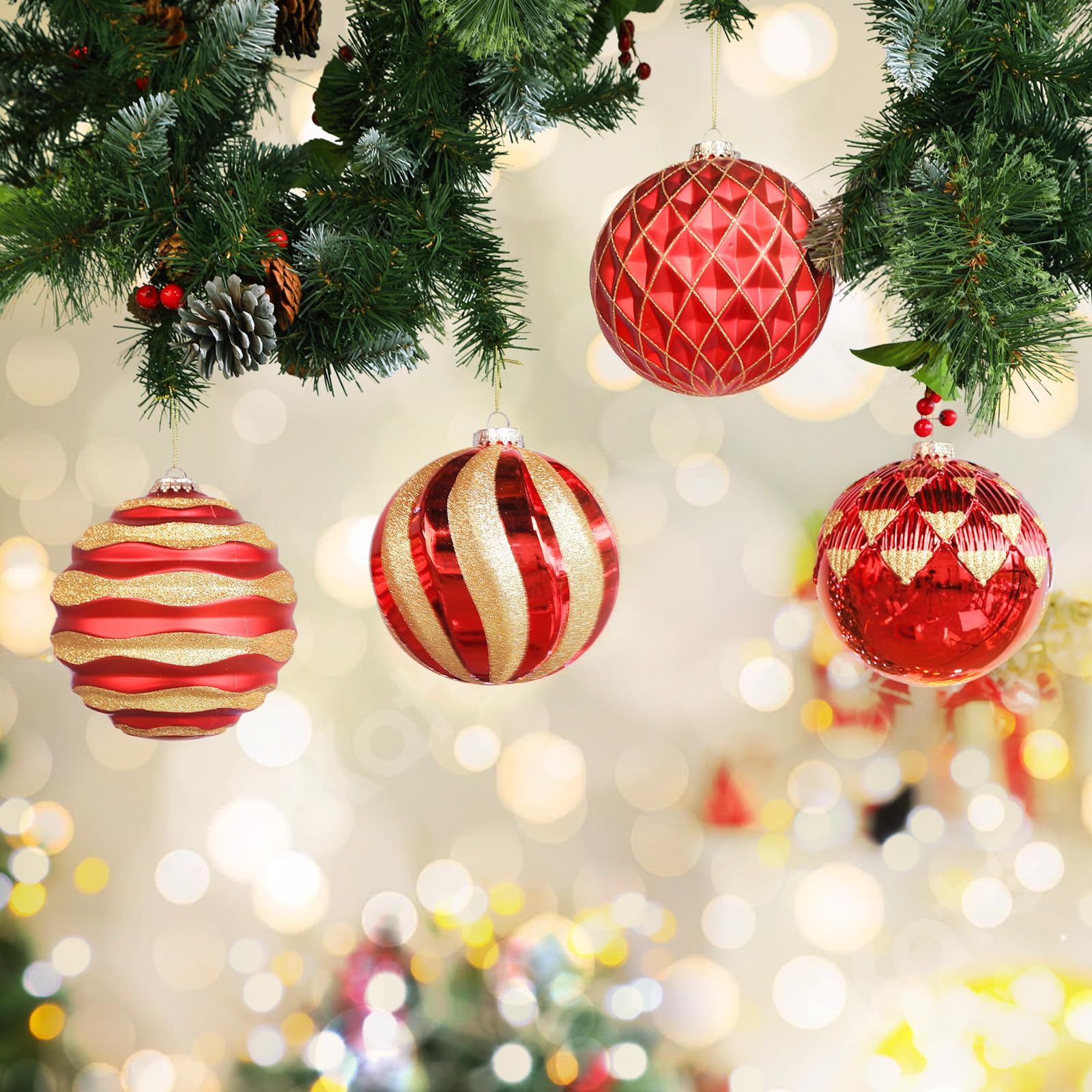 4Pcs 6''/150mm Red & Gold Large Christmas Ball Ornaments with Hooks - SHareconn
