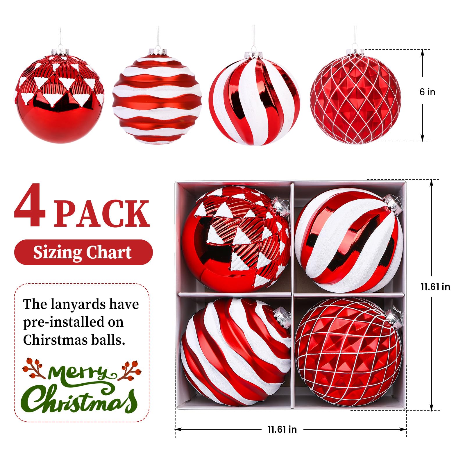 4Pcs 6''/150mm Red & White Large Christmas Ball Ornaments with Hooks - SHareconn