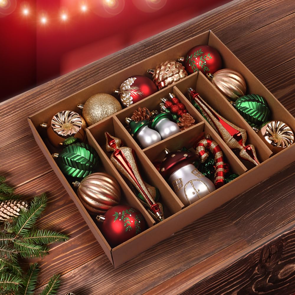 52pcs Bronze Copper Gold & Green Forest Mushrooms Theme Christmas Tree Ornaments Set - SHareconn