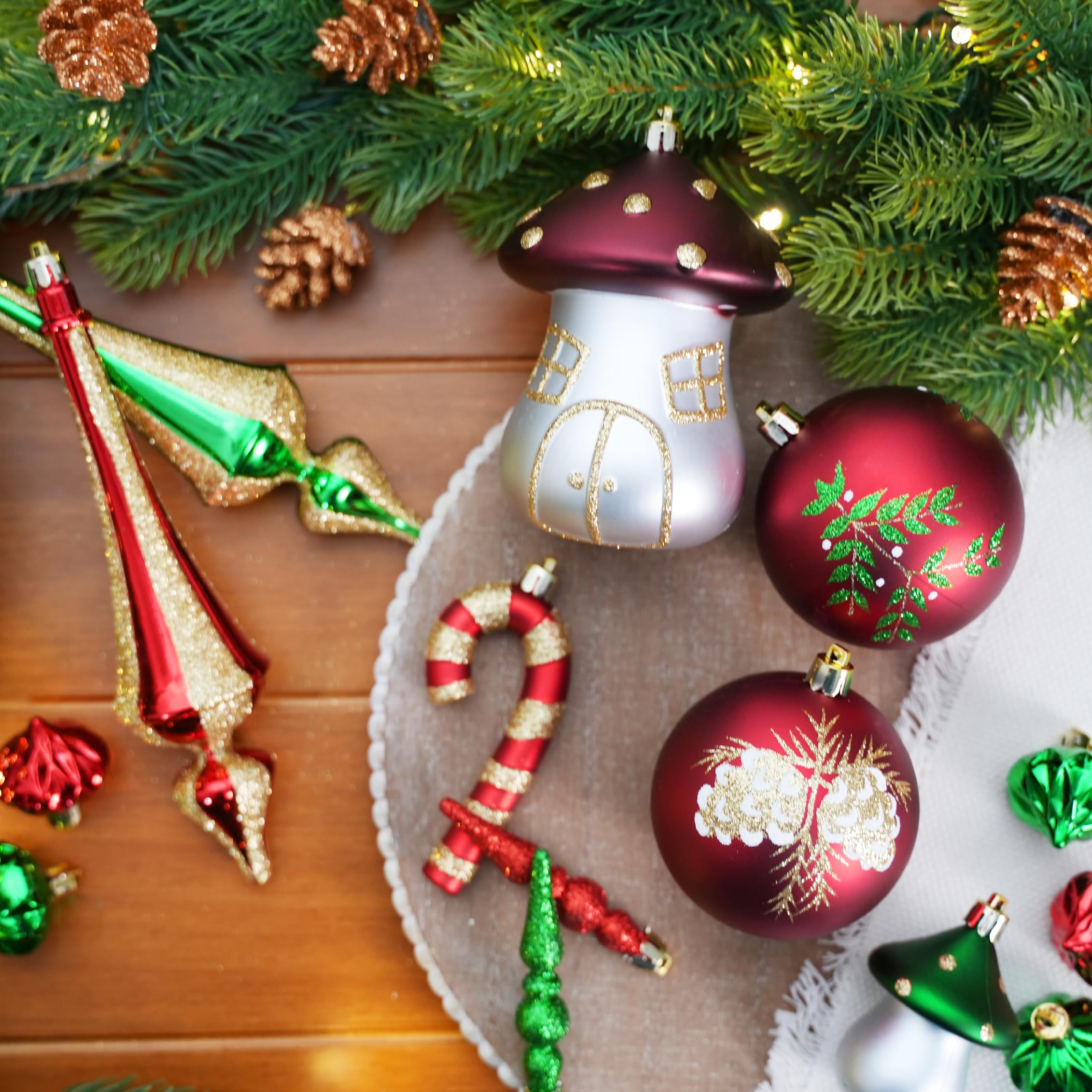 52pcs Bronze Copper Gold & Green Forest Mushrooms Theme Christmas Tree Ornaments Set - SHareconn