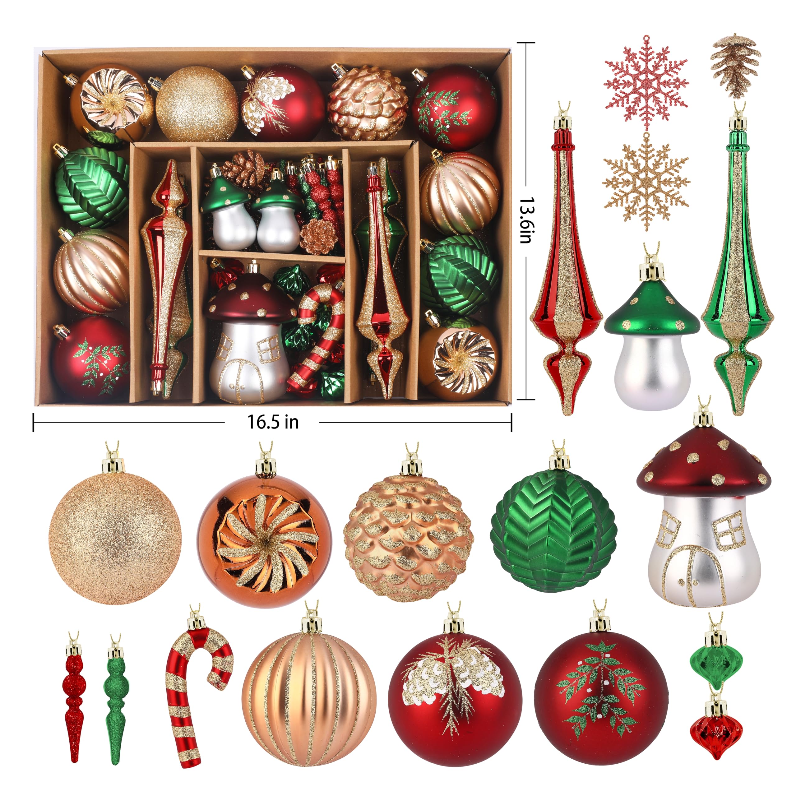 52pcs Bronze Copper Gold & Green Forest Mushrooms Theme Christmas Tree Ornaments Set - SHareconn