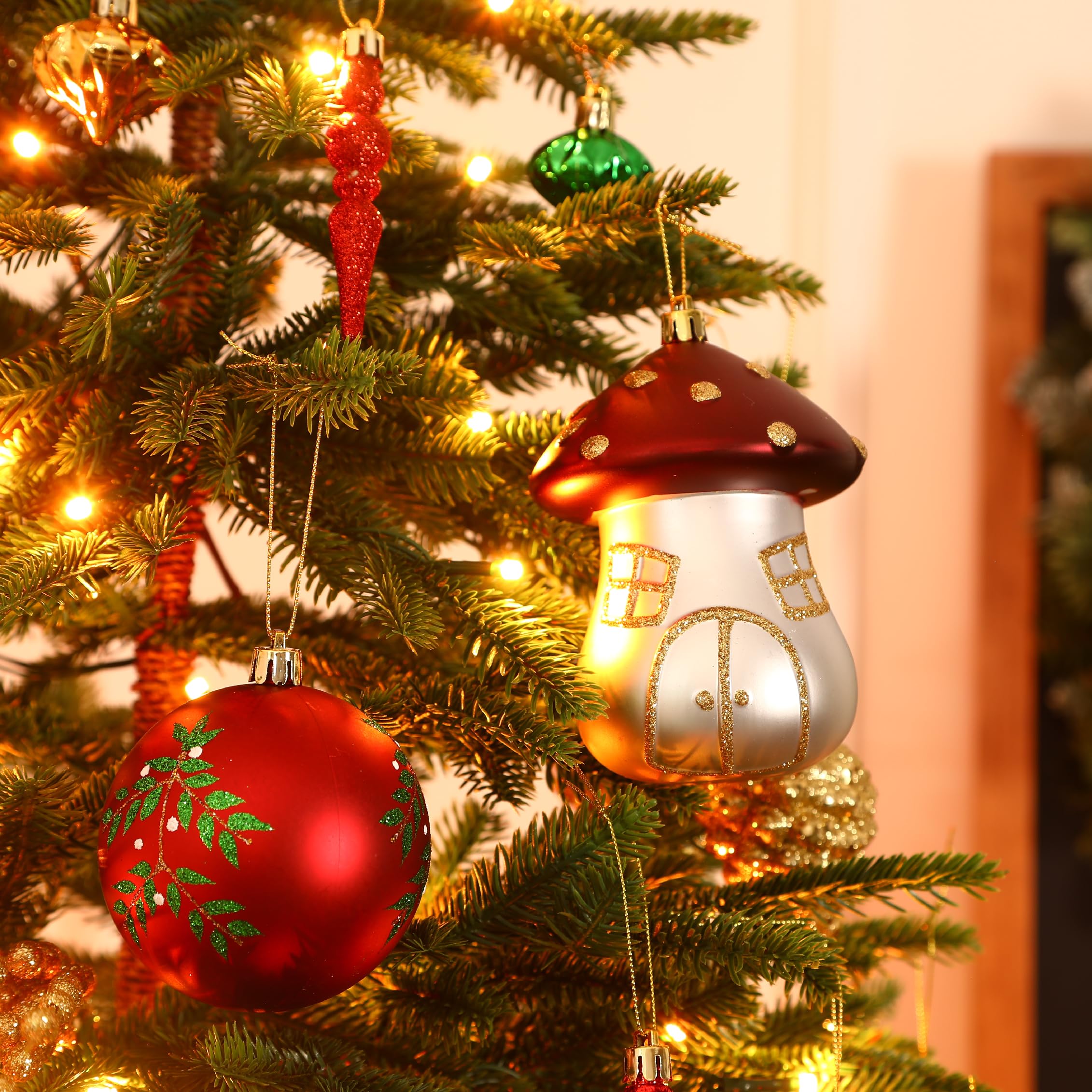 52pcs Bronze Copper Gold & Green Forest Mushrooms Theme Christmas Tree Ornaments Set - SHareconn