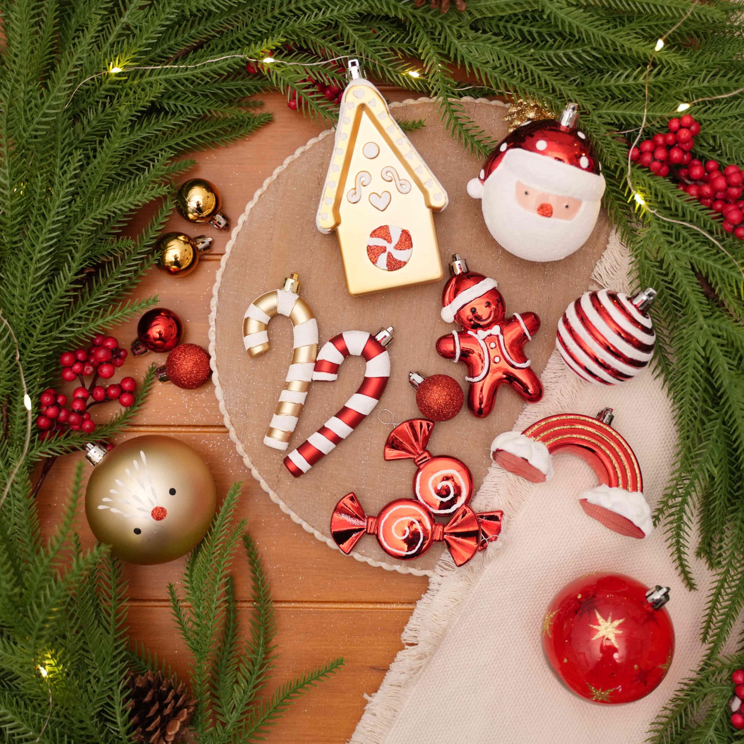65pcs Gold & Red, White Candy House Christmas Balls Ornaments Set with Hanging Strings - SHareconn