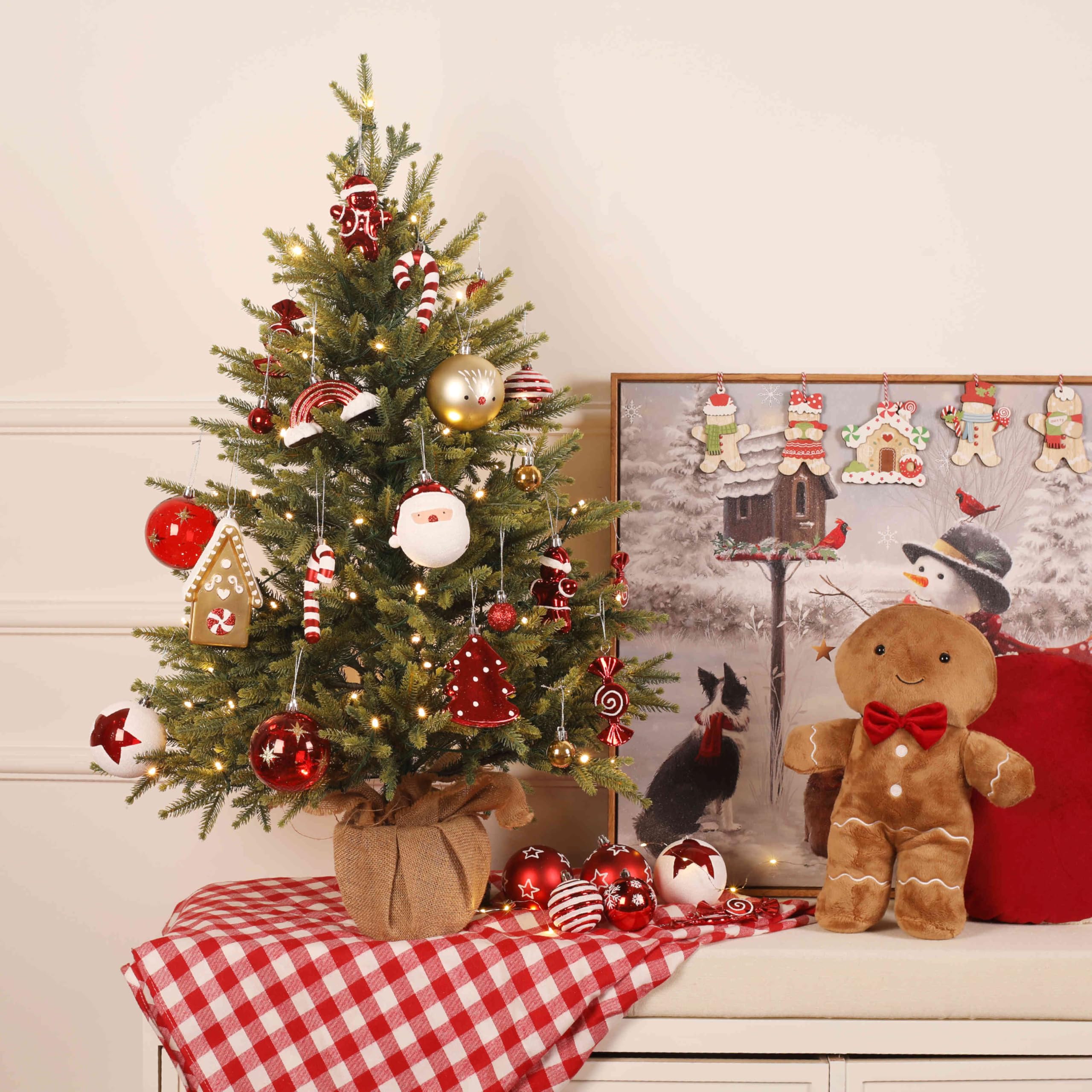 65pcs Gold & Red, White Candy House Christmas Balls Ornaments Set with Hanging Strings - SHareconn