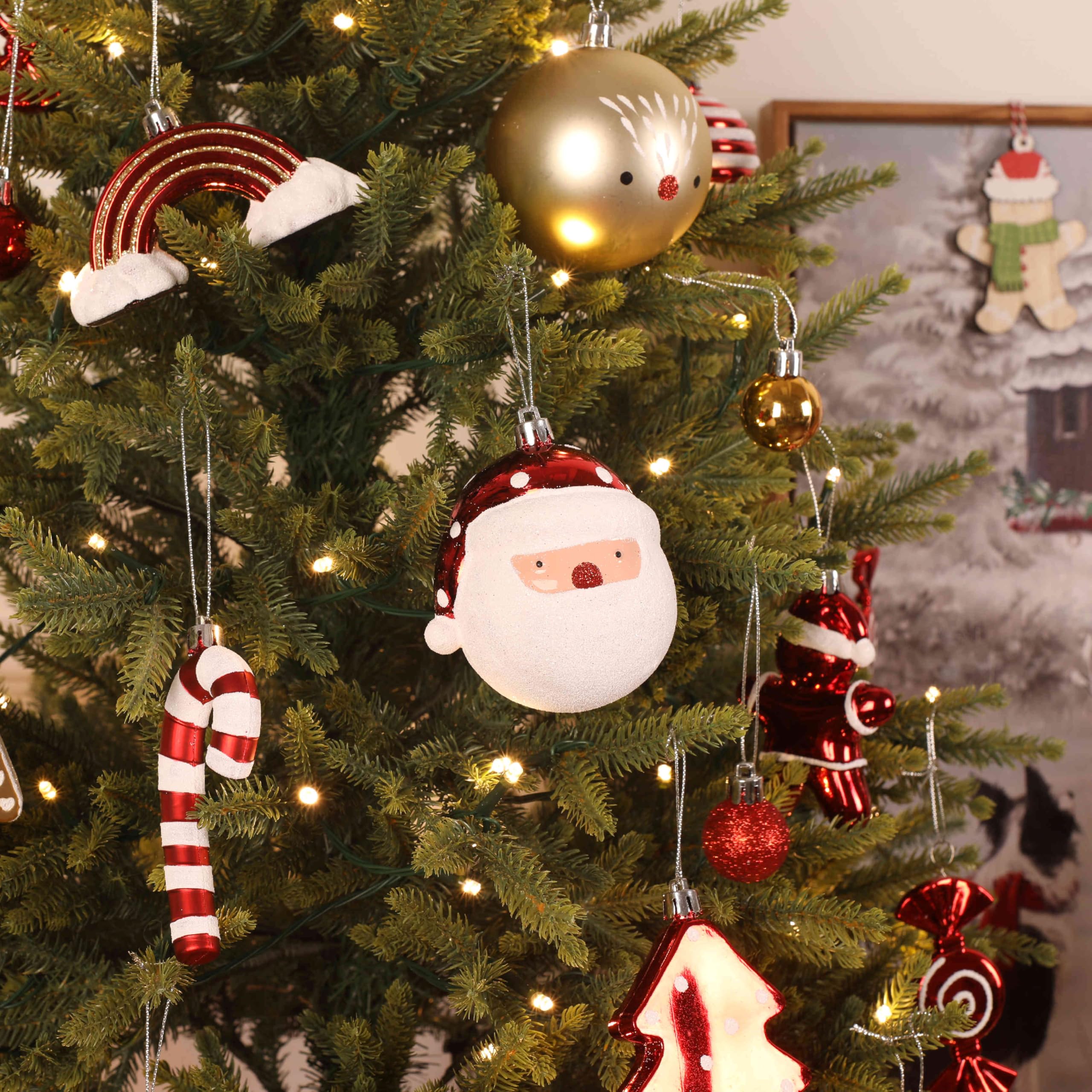 65pcs Gold & Red, White Candy House Christmas Balls Ornaments Set with Hanging Strings - SHareconn
