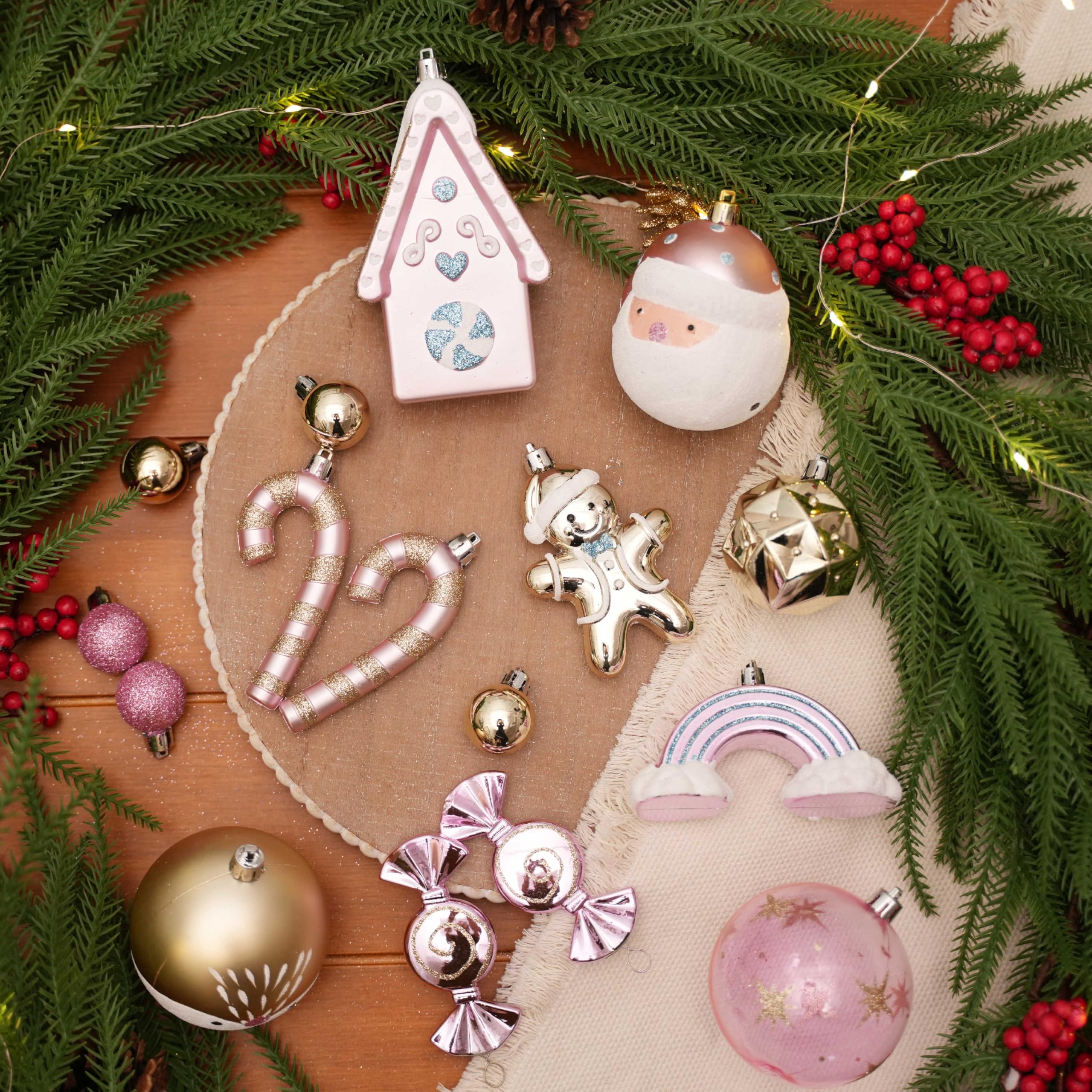 65pcs Macaron Pink Candy House Christmas Balls Ornaments Set with Hanging Strings - SHareconn