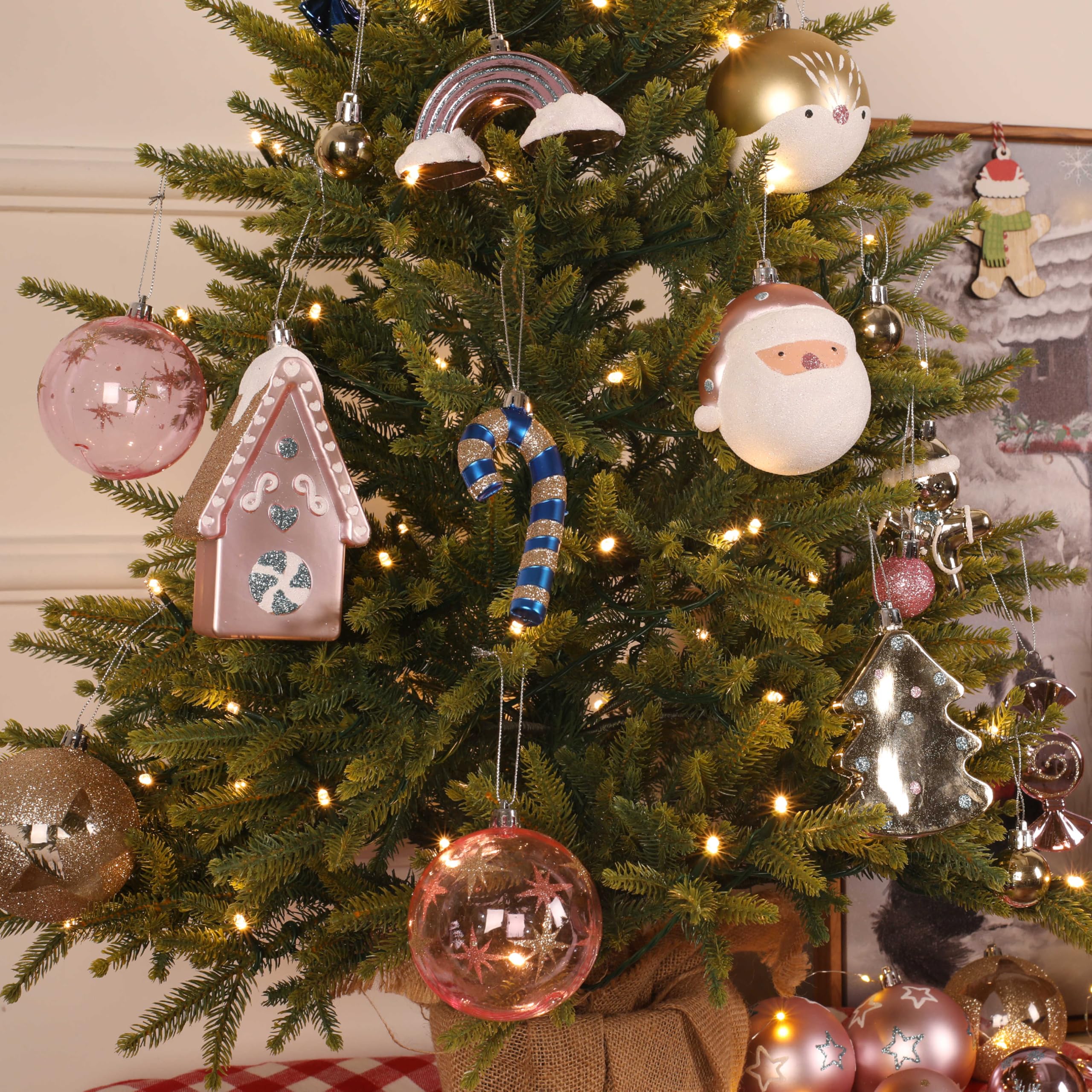 65pcs Macaron Pink Candy House Christmas Balls Ornaments Set with Hanging Strings - SHareconn