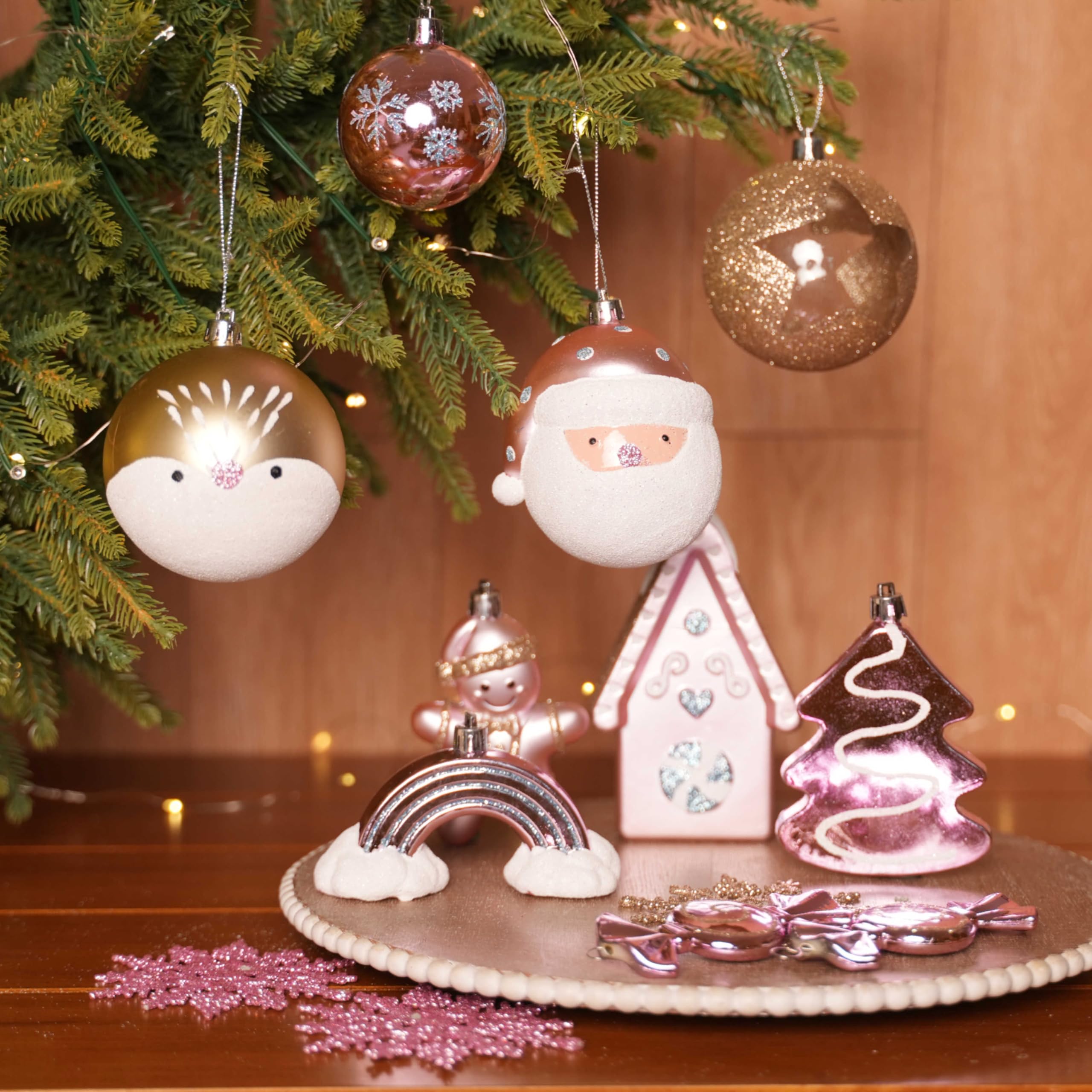 65pcs Macaron Pink Candy House Christmas Balls Ornaments Set with Hanging Strings - SHareconn