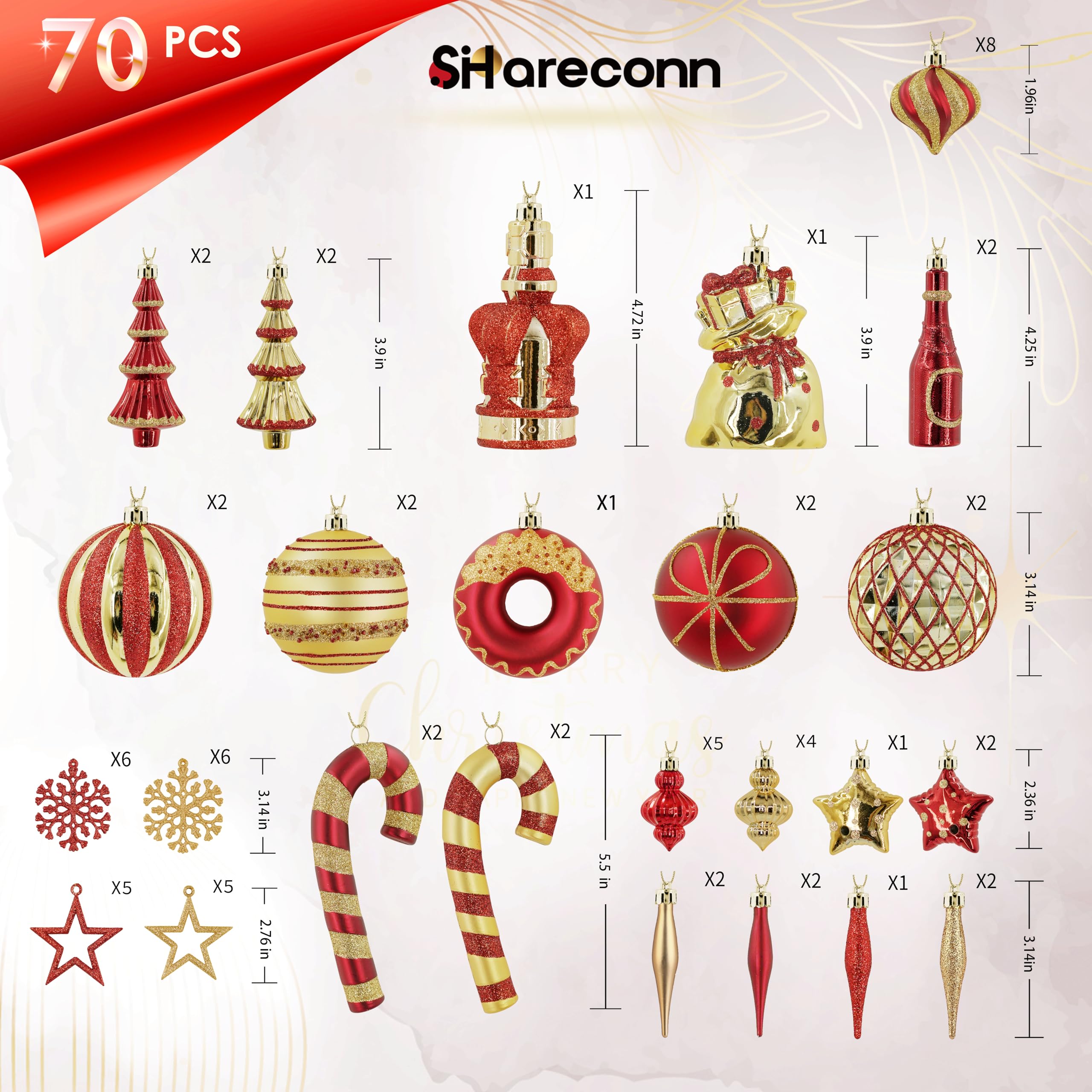 70 Pcs Red and Gold Snowflakes, Five-pointed Stars, Canes Christmas Ball Ornament Set - SHareconn