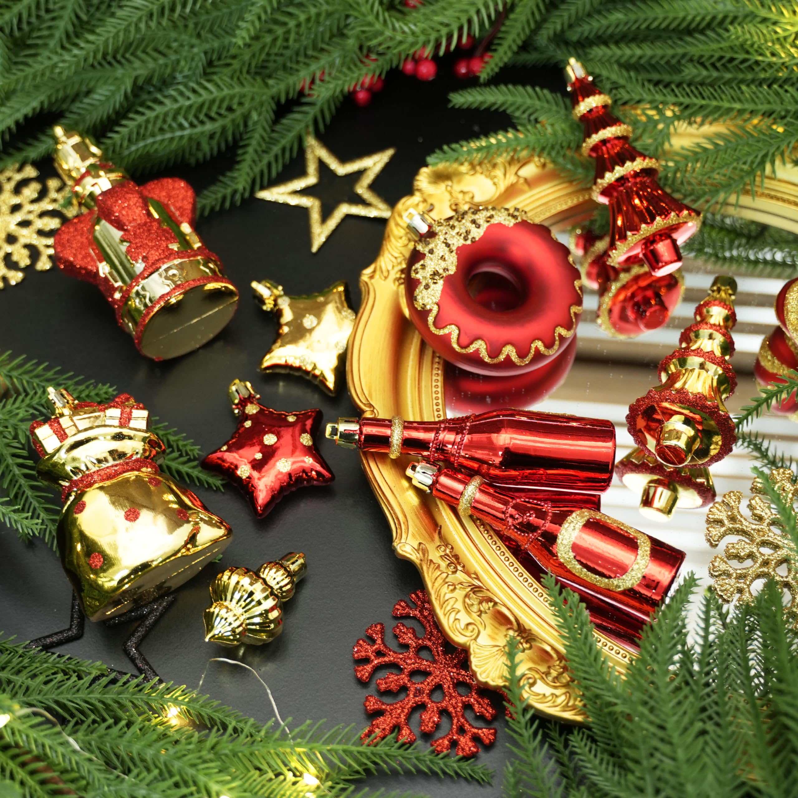 70 Pcs Red and Gold Snowflakes, Five-pointed Stars, Canes Christmas Ball Ornament Set - SHareconn