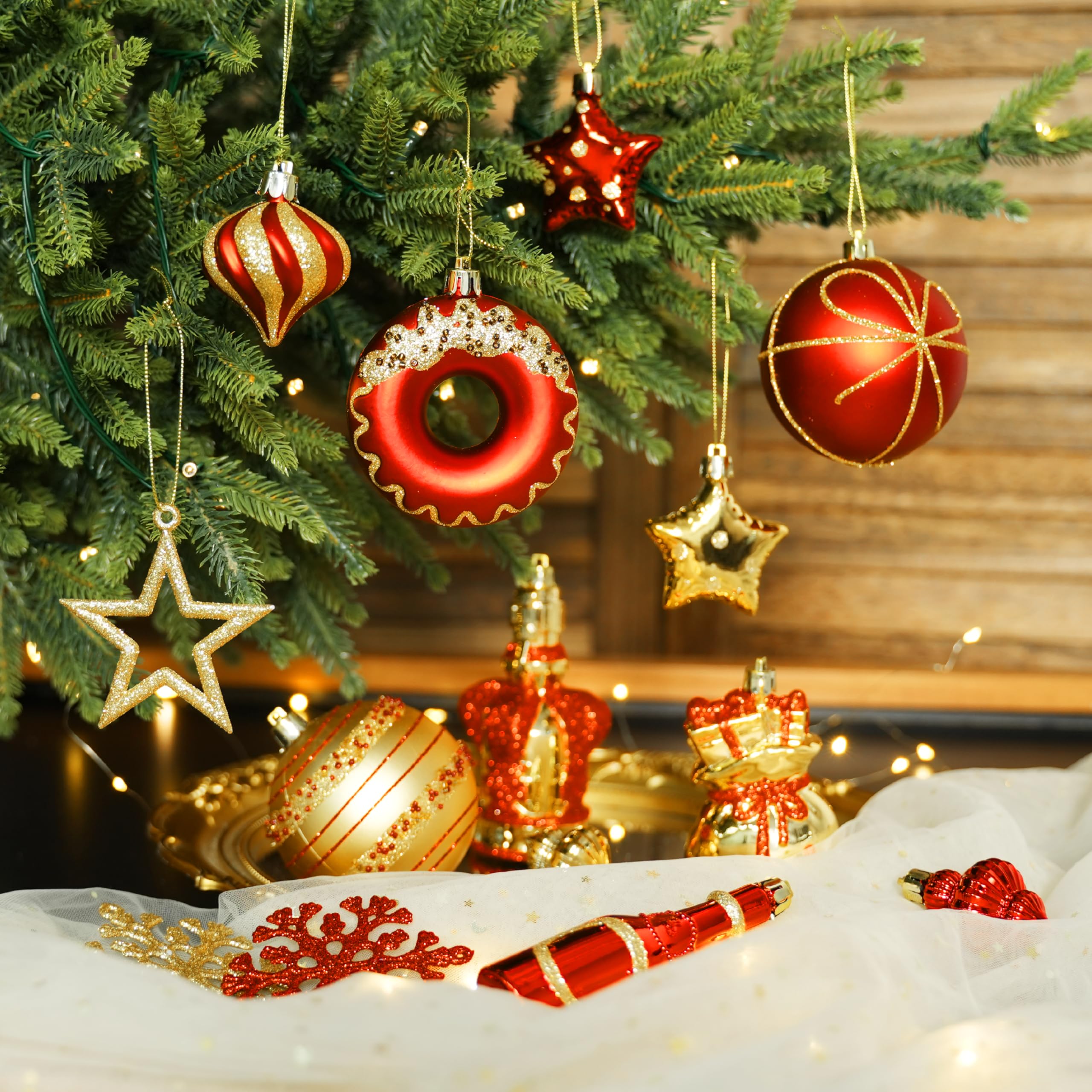 70 Pcs Red and Gold Snowflakes, Five-pointed Stars, Canes Christmas Ball Ornament Set - SHareconn