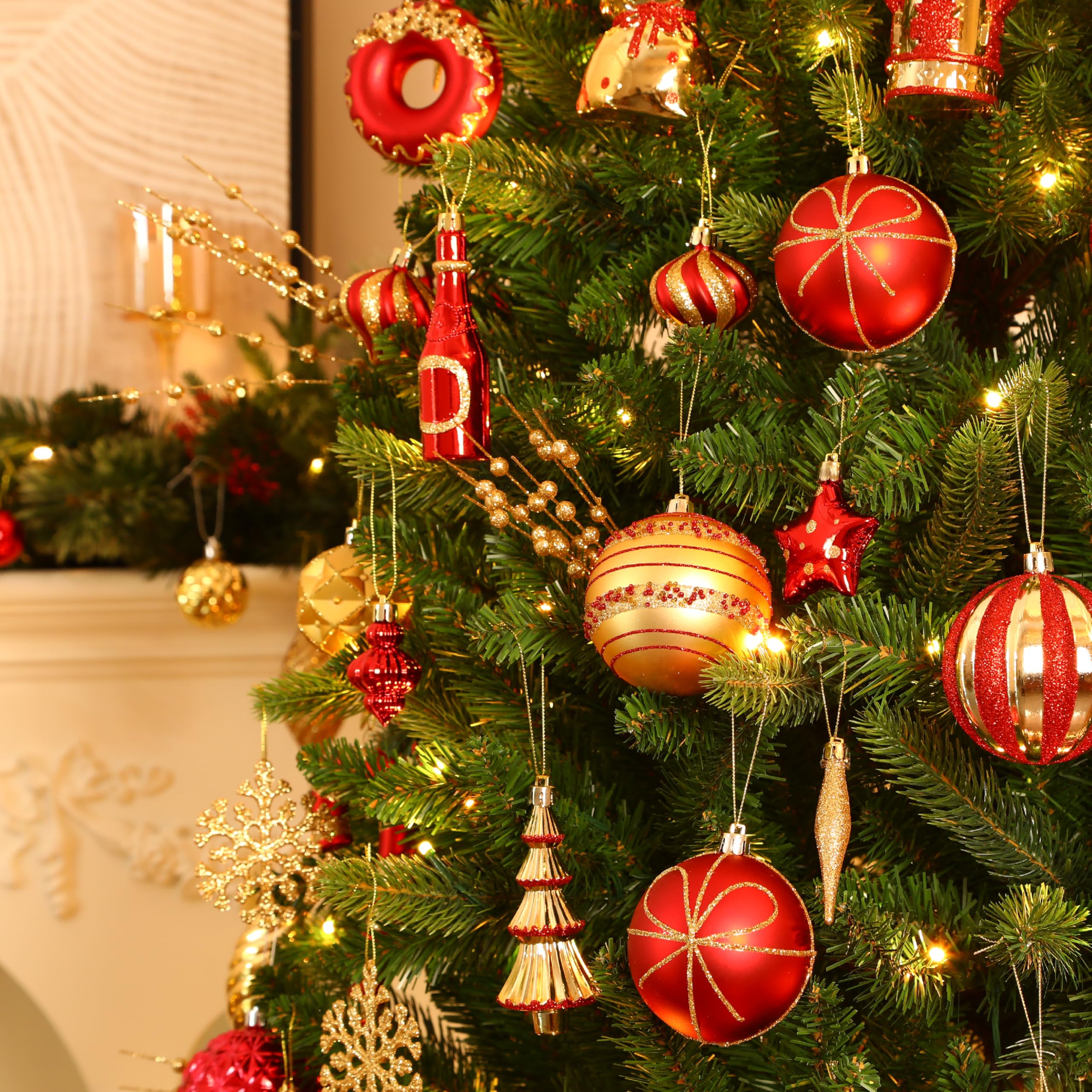 70 Pcs Red and Gold Snowflakes, Five-pointed Stars, Canes Christmas Ball Ornament Set - SHareconn