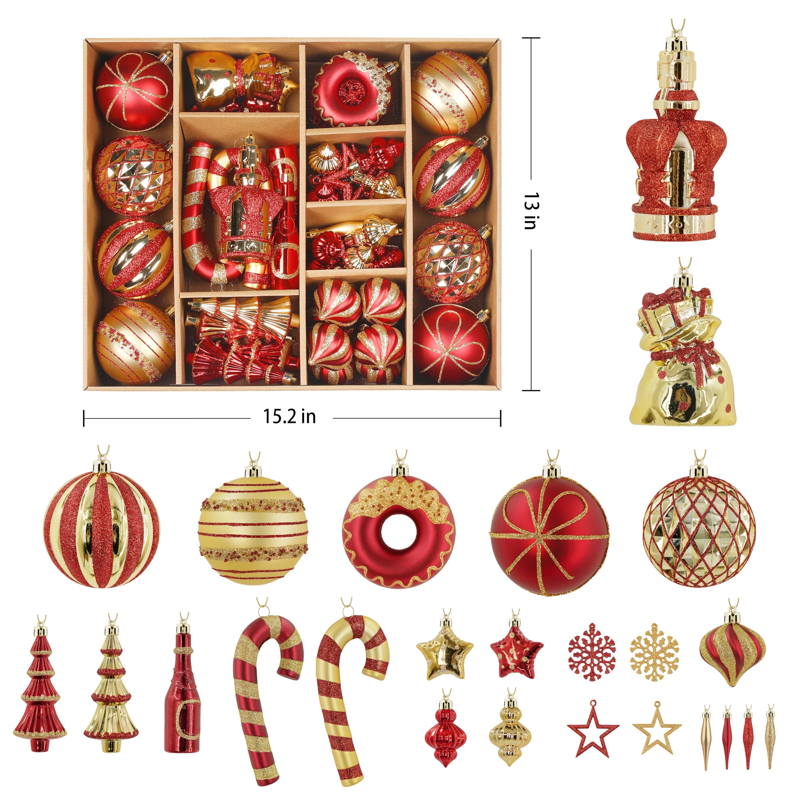 70 Pcs Red and Gold Snowflakes, Five-pointed Stars, Canes Christmas Ball Ornament Set - SHareconn