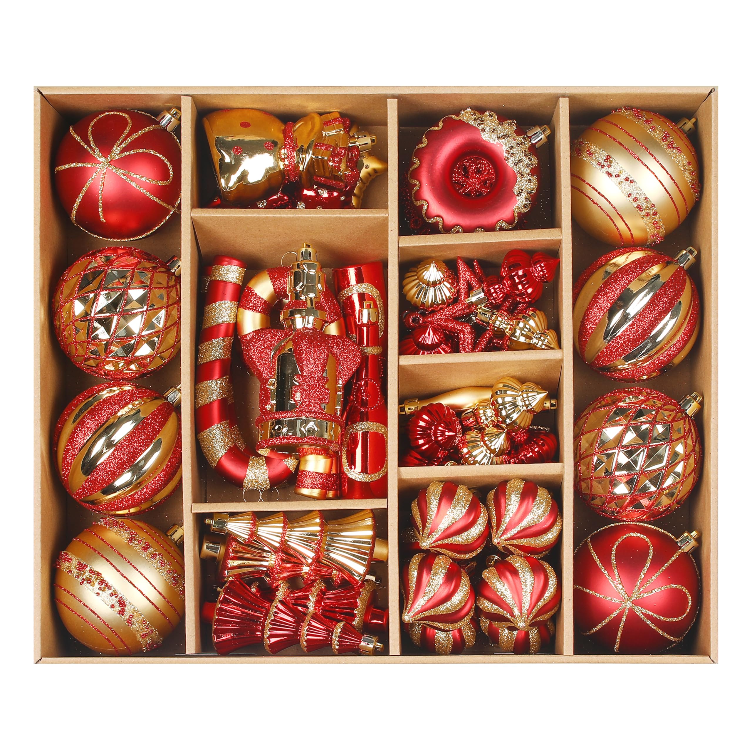 70 Pcs Red and Gold Snowflakes, Five-pointed Stars, Canes Christmas Ball Ornament Set - SHareconn