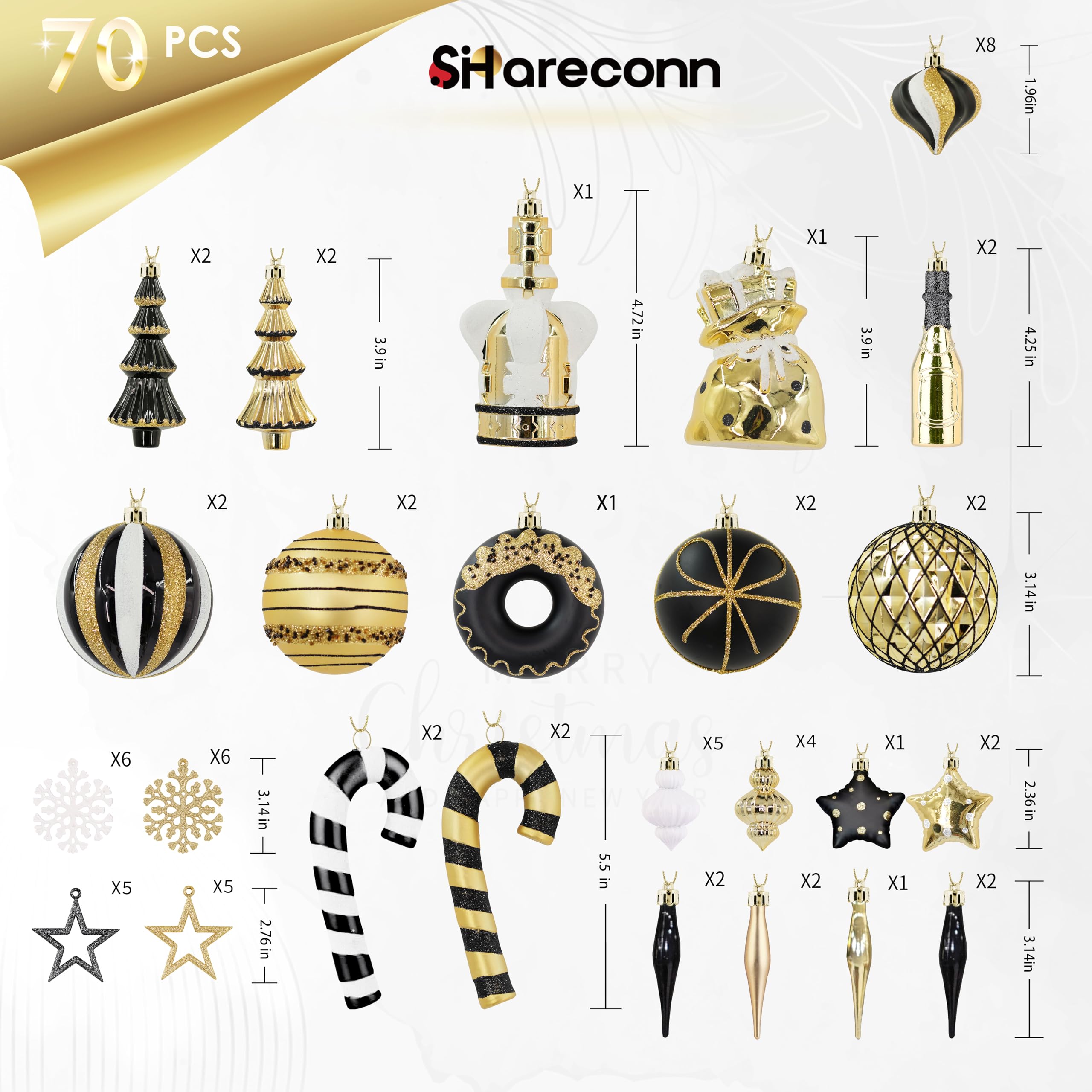 70ct Black, White and Gold Christmas Ball Ornament Set - SHareconn