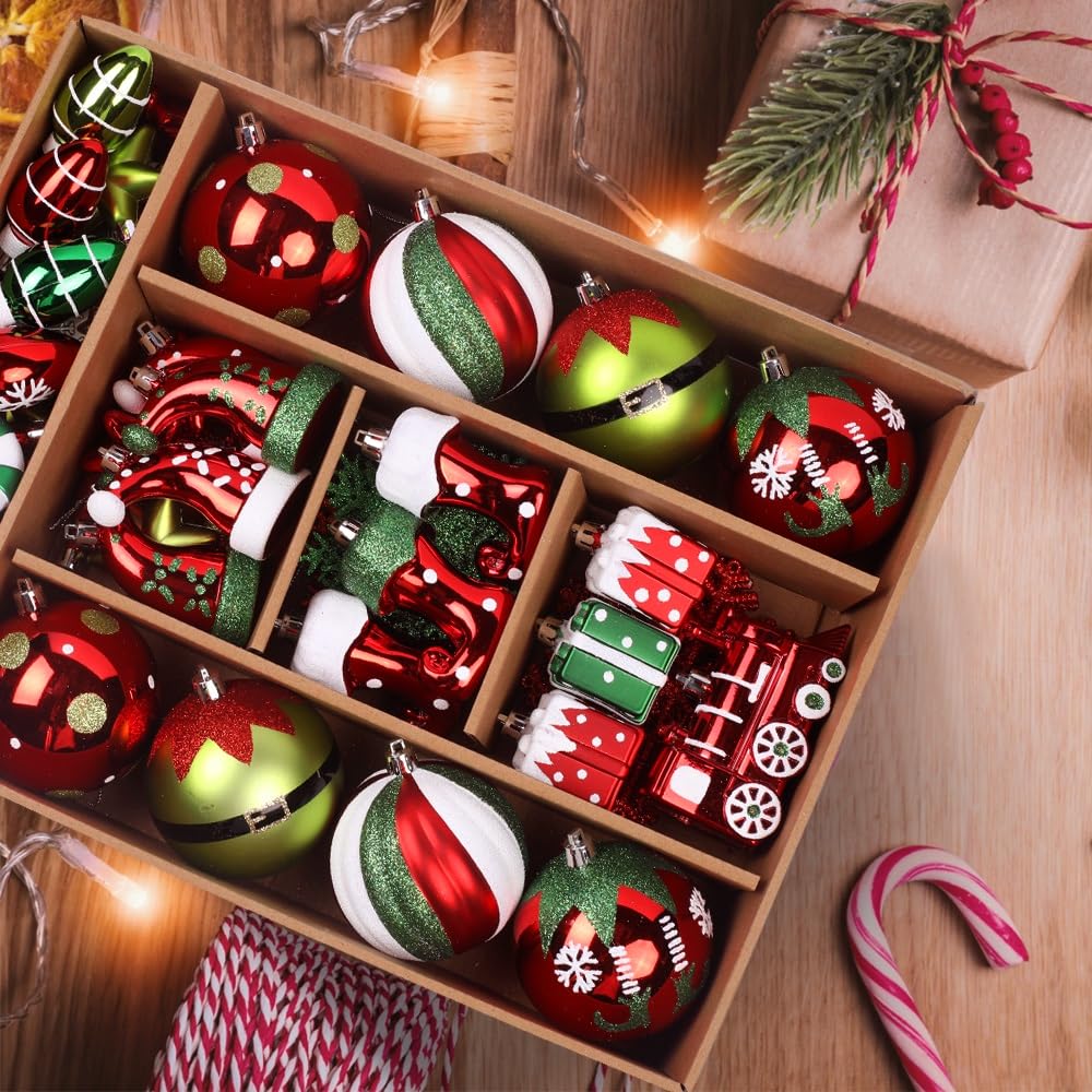 75 Pcs Red Green & White Miniature Trains, Boots, and Santa Hats Christmas Balls Ornaments Set - SHareconn