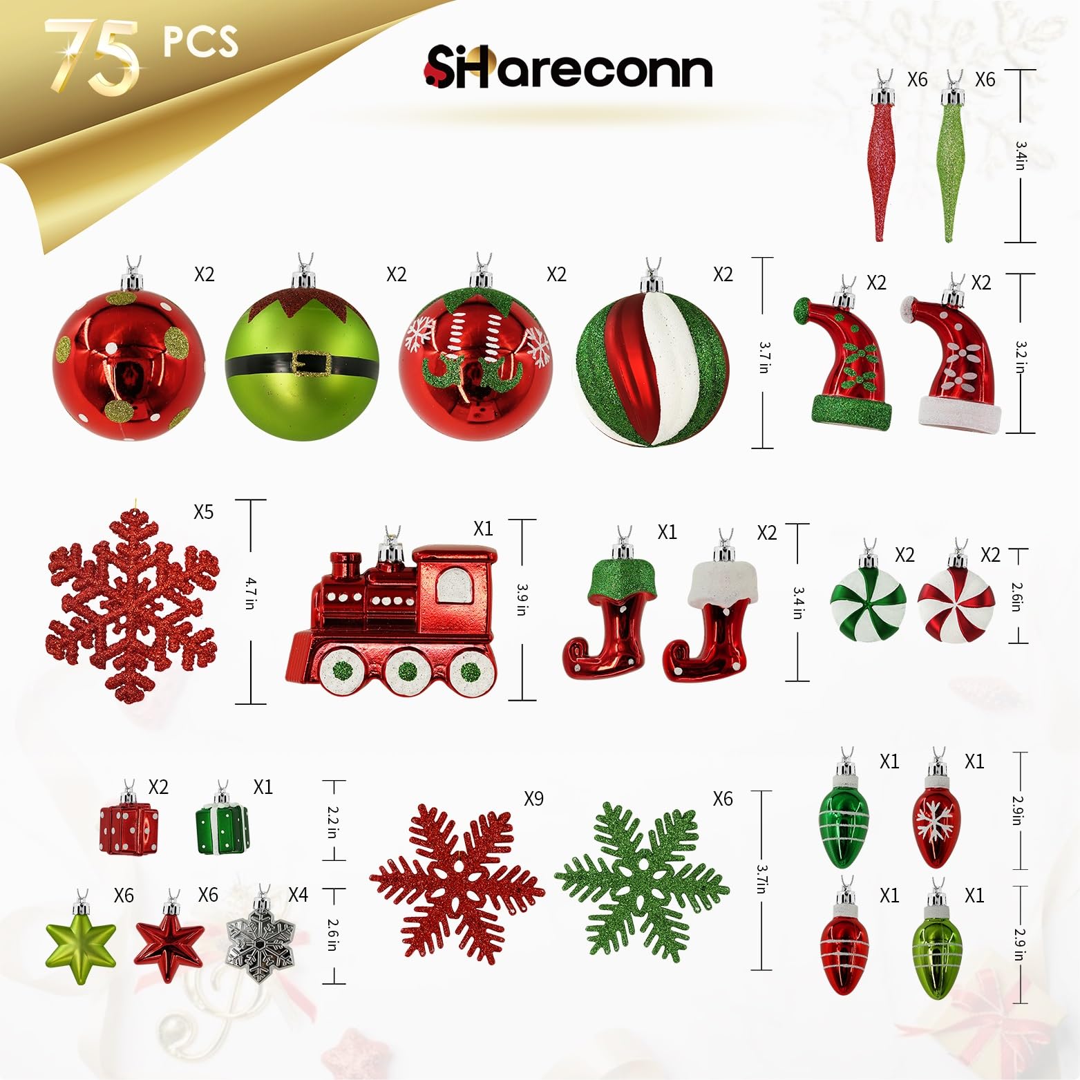 75 Pcs Red Green & White Miniature Trains, Boots, and Santa Hats Christmas Balls Ornaments Set - SHareconn