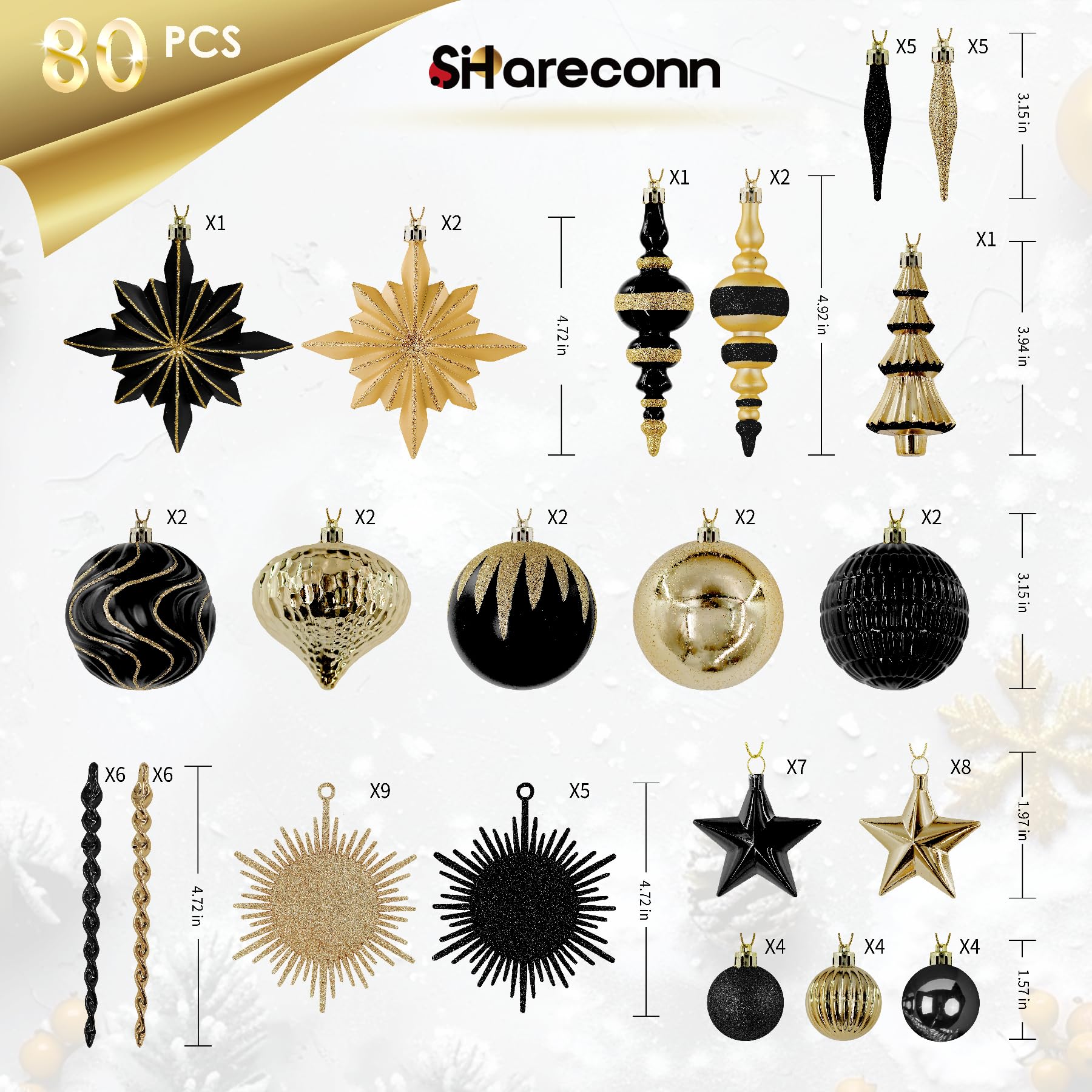 80 Ct Black and Gold Christmas Ball Ornament Set - SHareconn