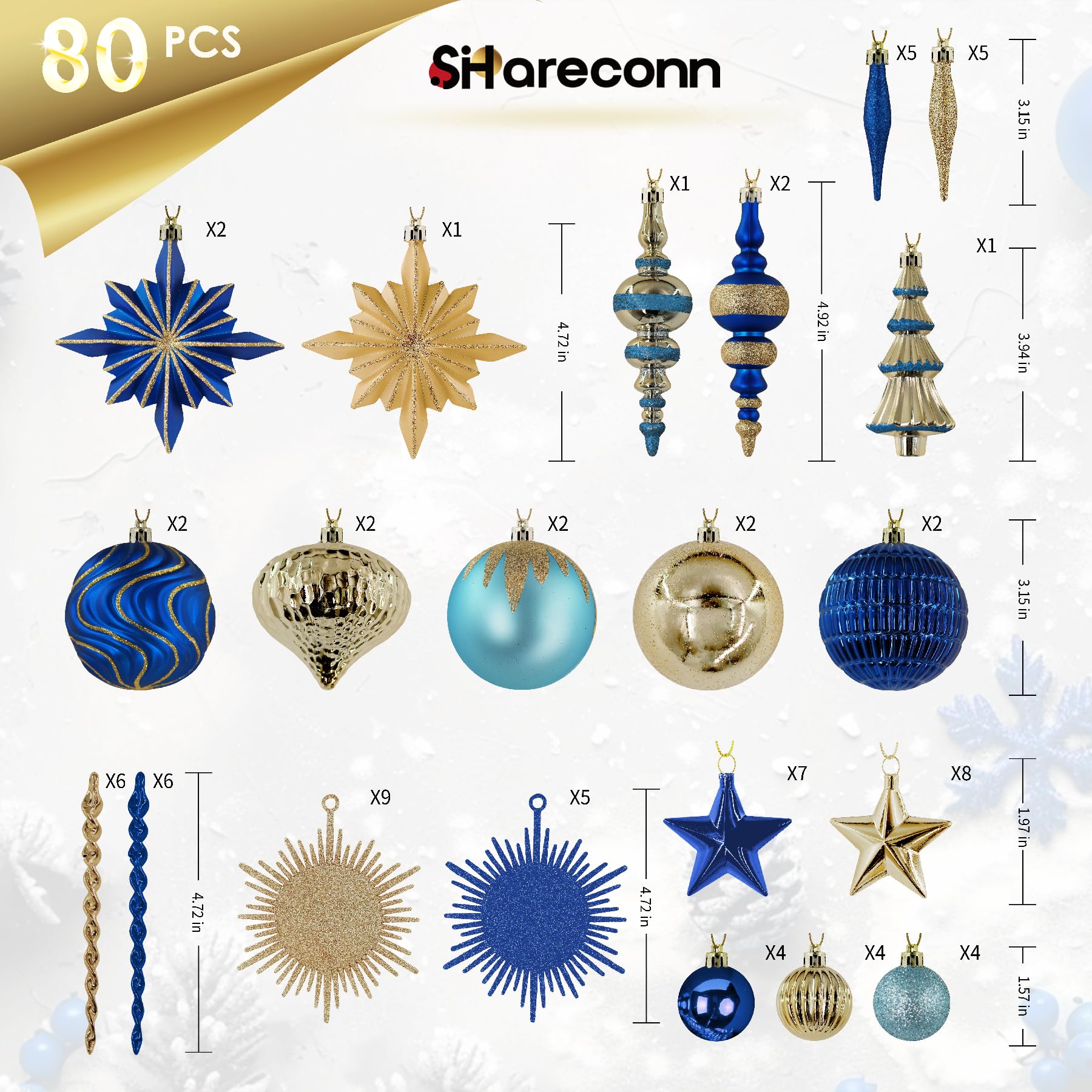 80ct Blue and Gold Christmas Ball Ornament Set - SHareconn