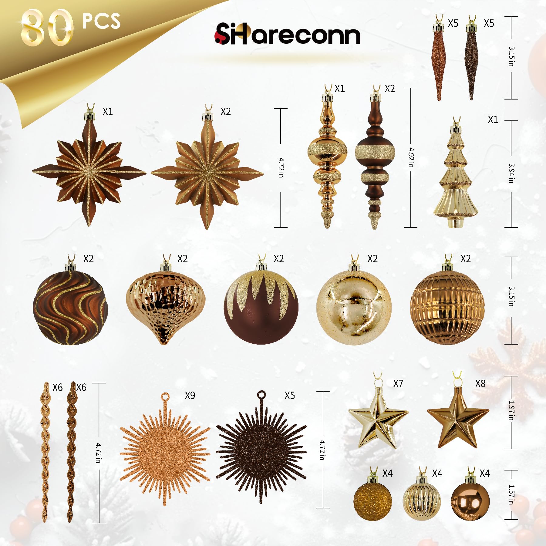 80ct Bronze-Gold Christmas Ball Ornament Set - SHareconn