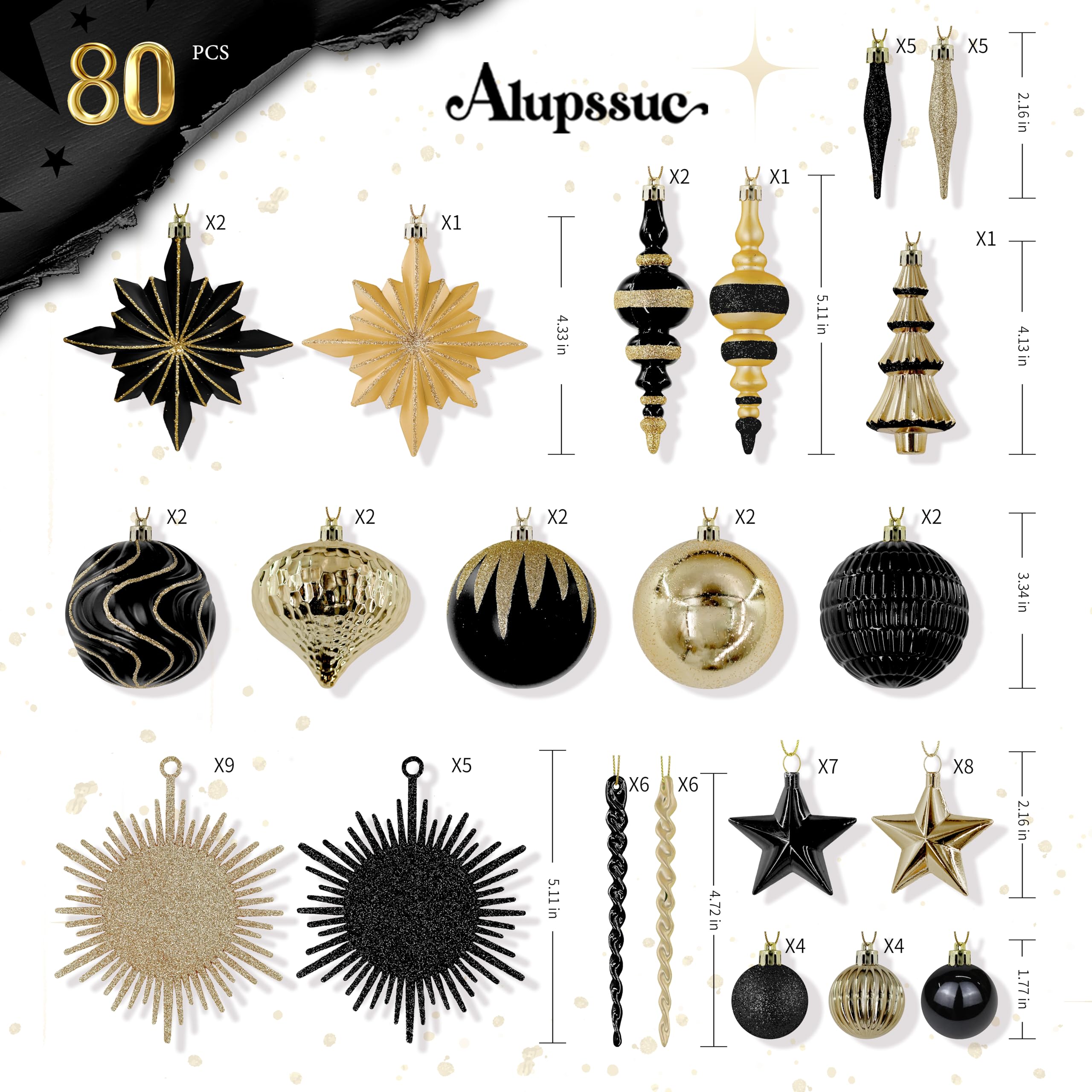 80pcs Black and Gold Christmas Balls Ornaments Set with Lanyards - SHareconn
