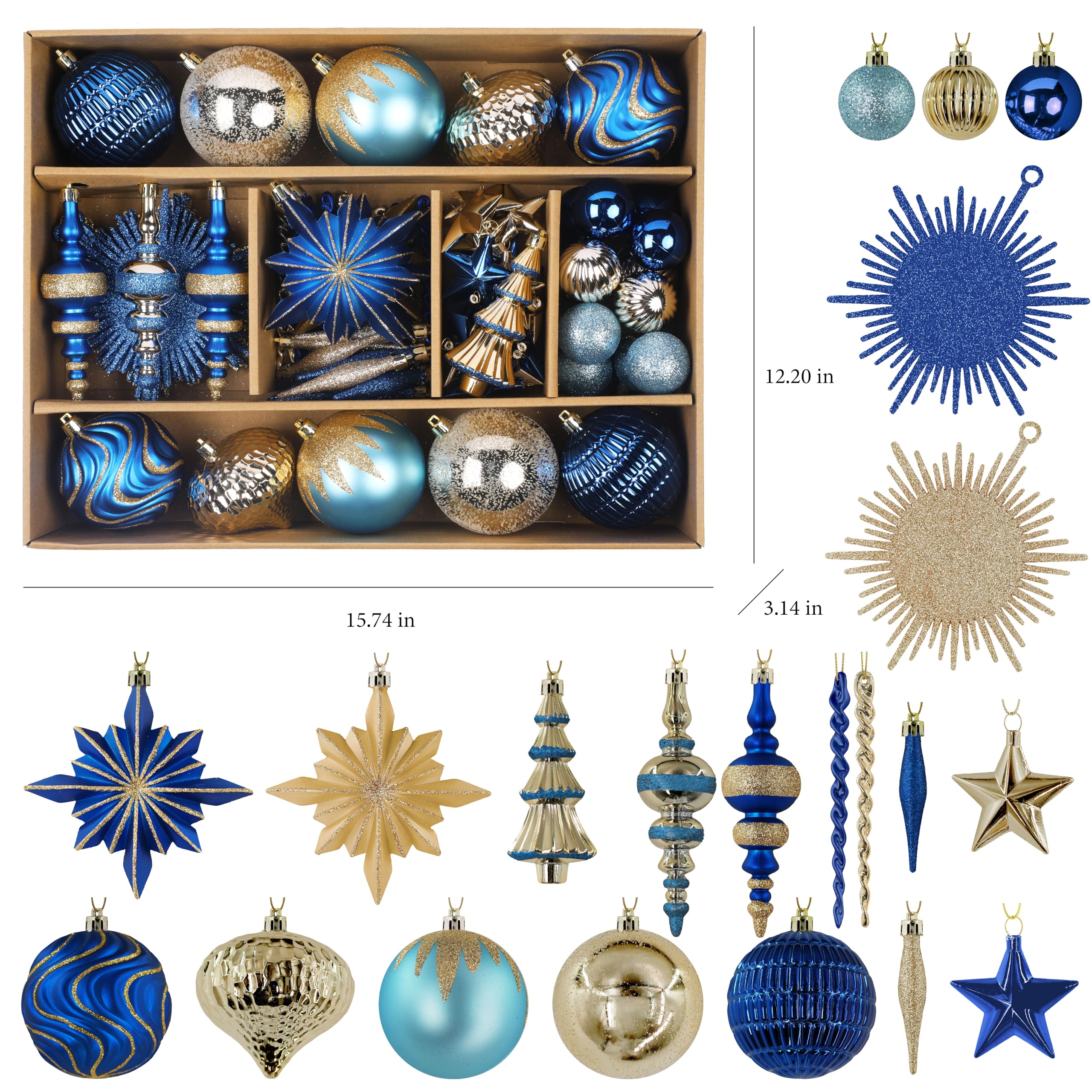 80pcs Blue and Gold Christmas Balls Ornaments Setwith Lanyards - SHareconn