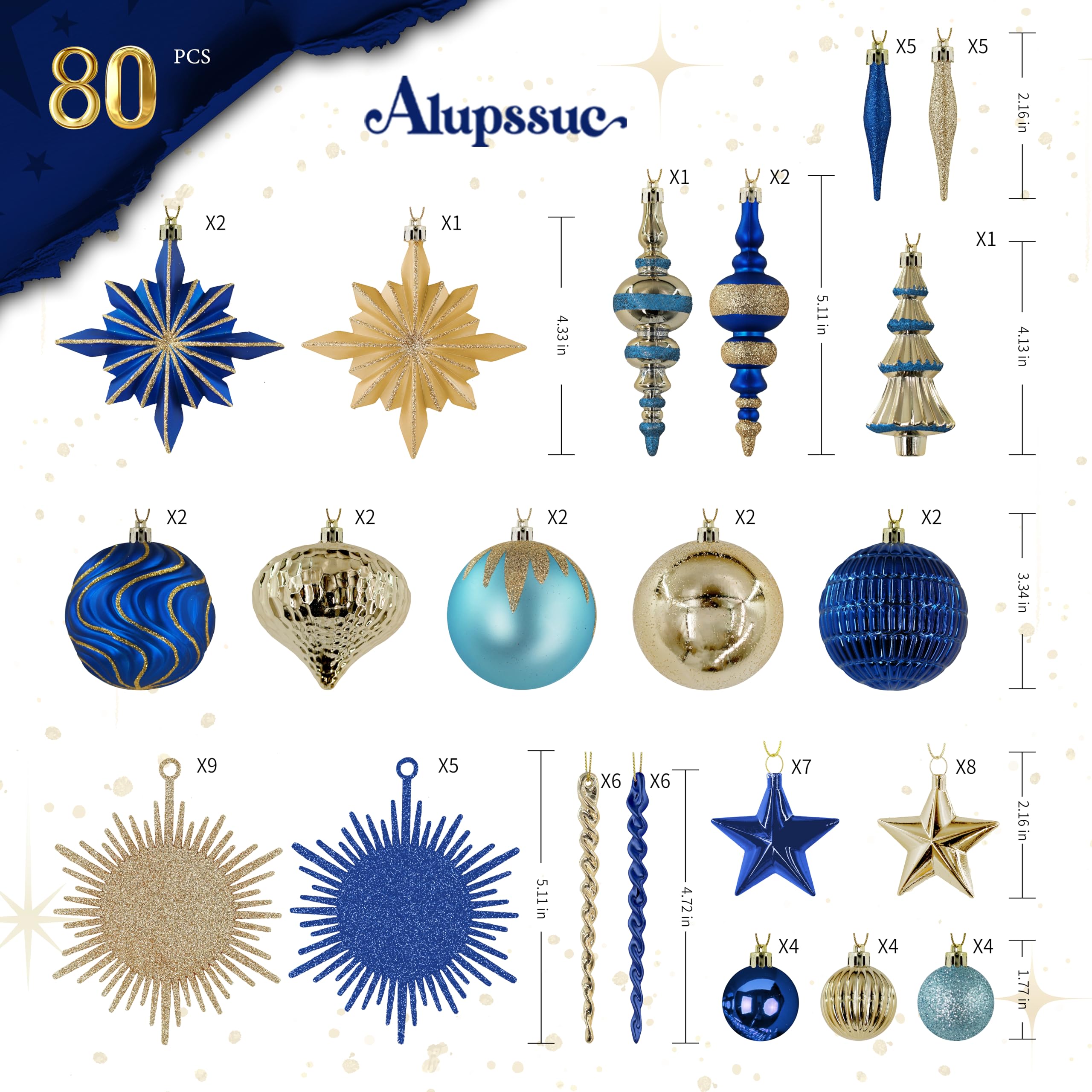 80pcs Blue and Gold Christmas Balls Ornaments Setwith Lanyards - SHareconn