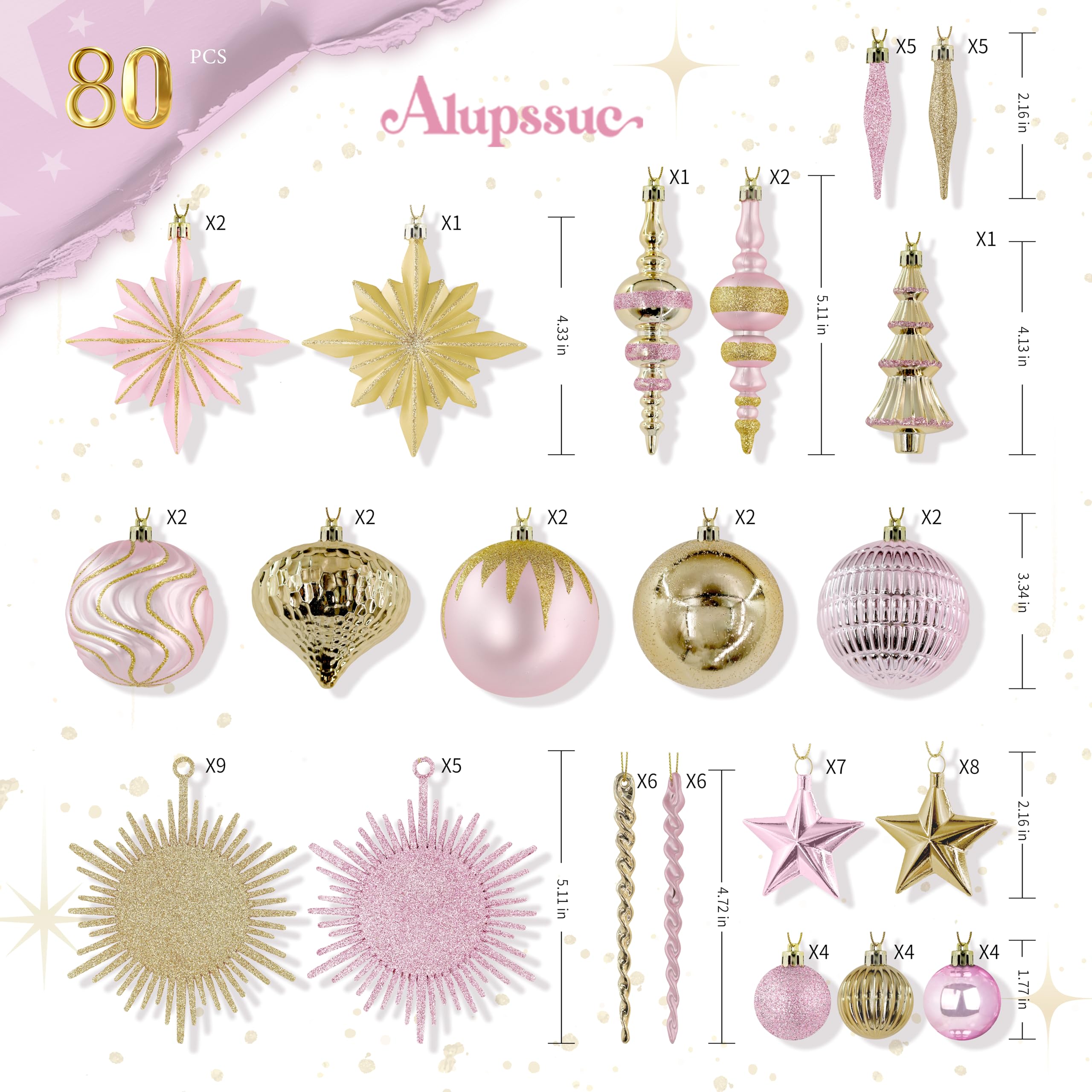 80pcs Pink and Gold Christmas Balls Ornaments Set with Lanyards - SHareconn