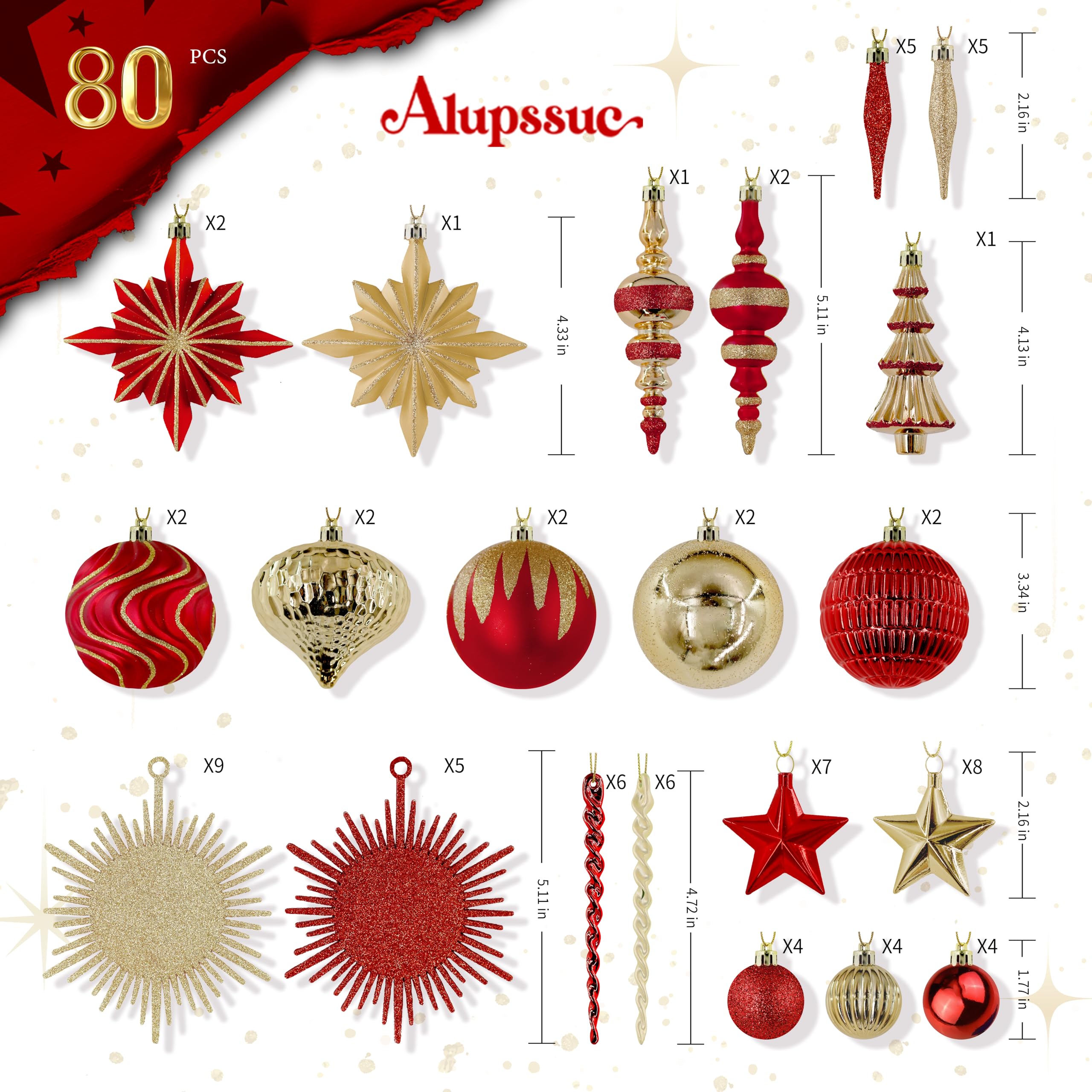 80pcs Red and Gold Christmas Balls Ornaments Set with Lanyards - SHareconn