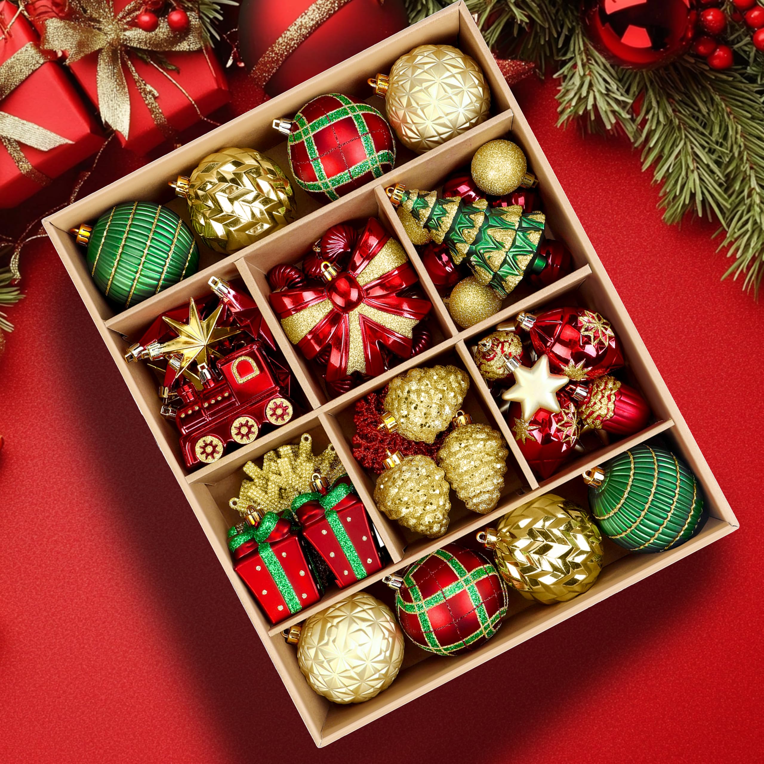 82pcs Gold,Red and Green Christmas Balls Ornaments Set with Hanging Strings - SHareconn