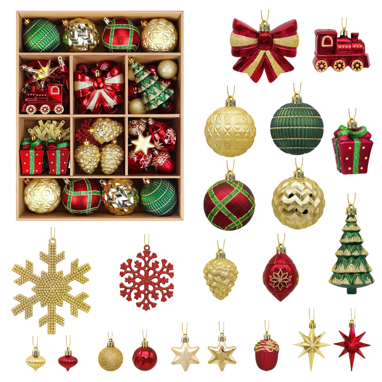 82pcs Gold,Red and Green Christmas Balls Ornaments Set with Hanging Strings - SHareconn