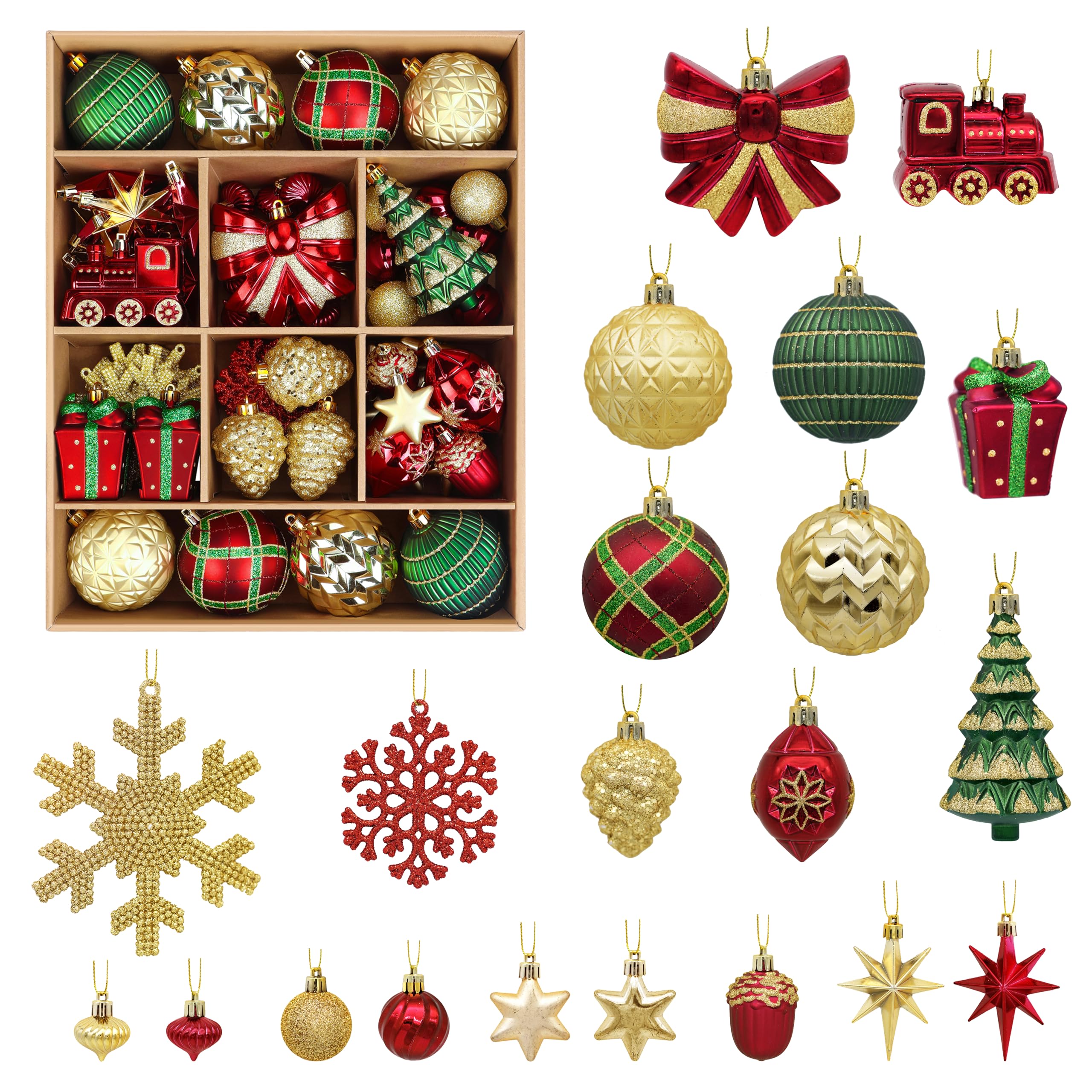 82pcs Gold,Red and Green Christmas Balls Ornaments Set with Hanging Strings - SHareconn